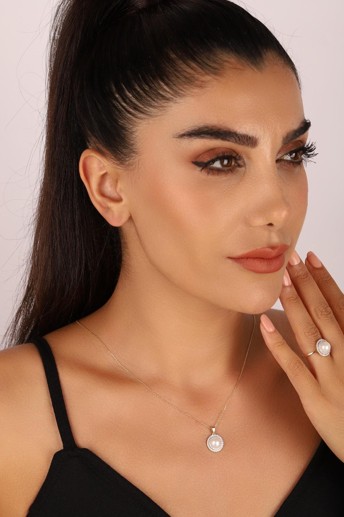 Doğal İnci Taşlı Küpe Kolye Yüzük Üçlü Set | | Birinci1926