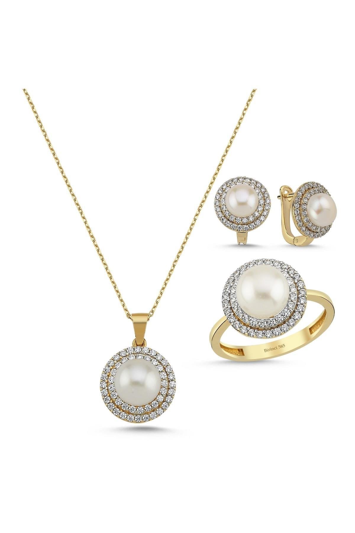 Doğal İnci Taşlı Küpe Kolye Yüzük Üçlü Set | | Birinci1926