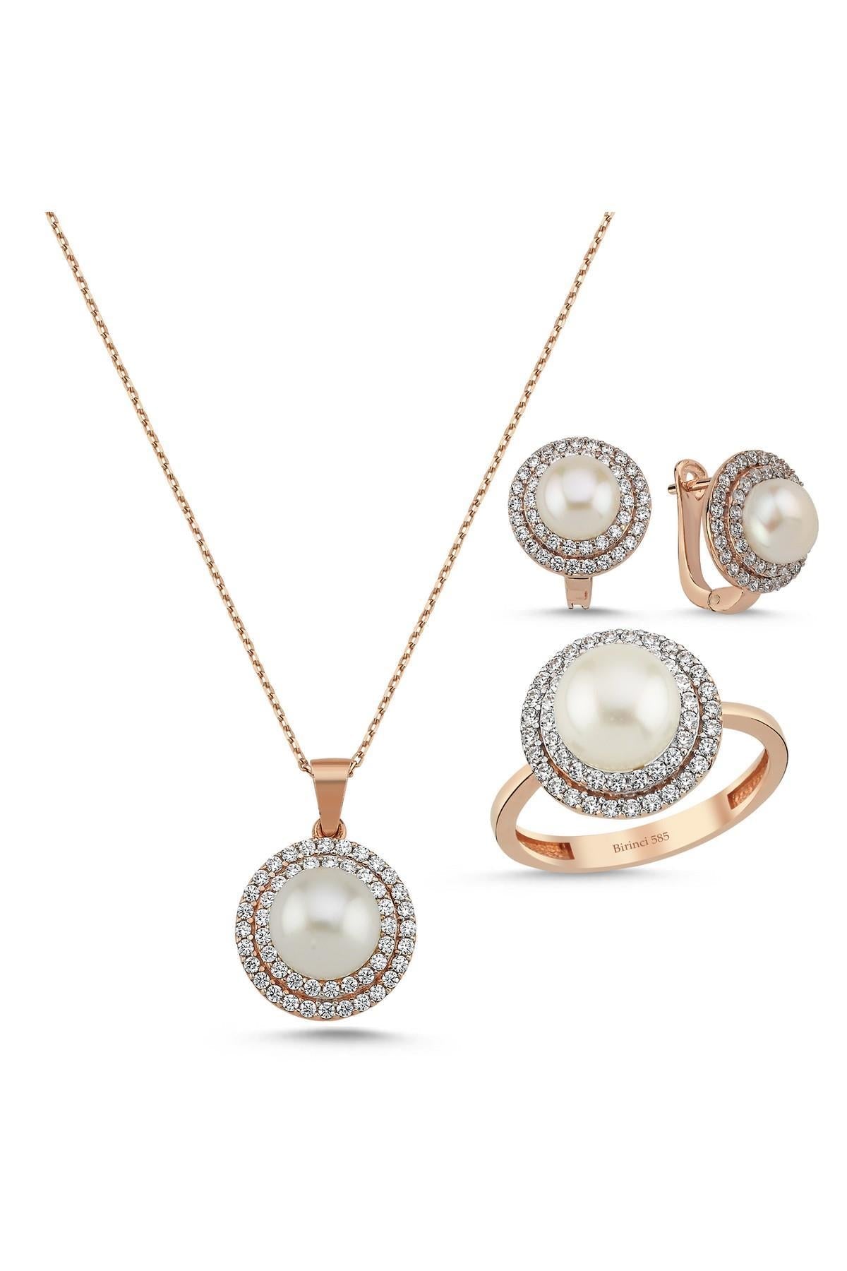 Doğal İnci Taşlı Küpe Kolye Yüzük Üçlü Set | | Birinci1926