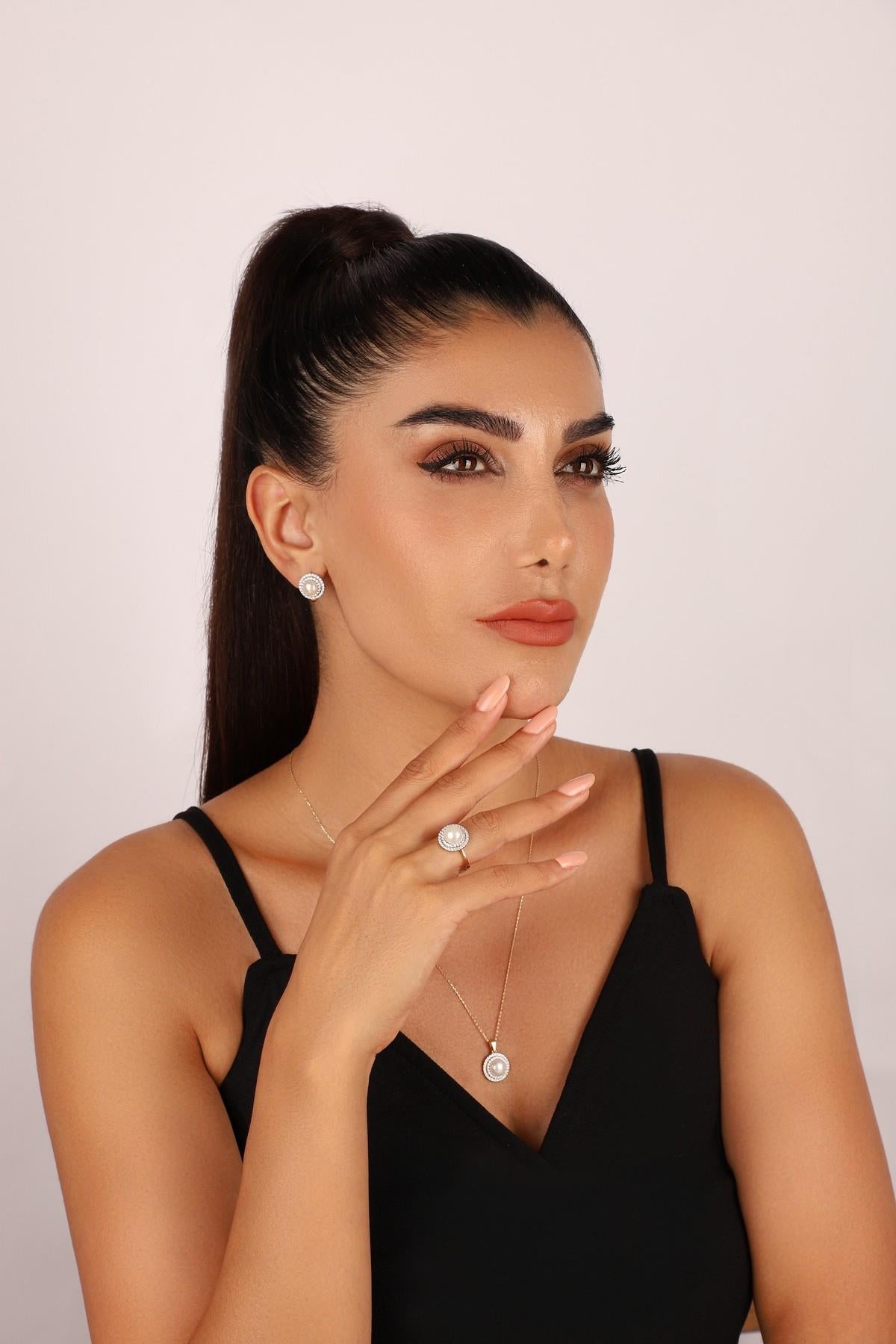 Doğal İnci Taşlı Küpe Kolye Yüzük Üçlü Set | | Birinci1926