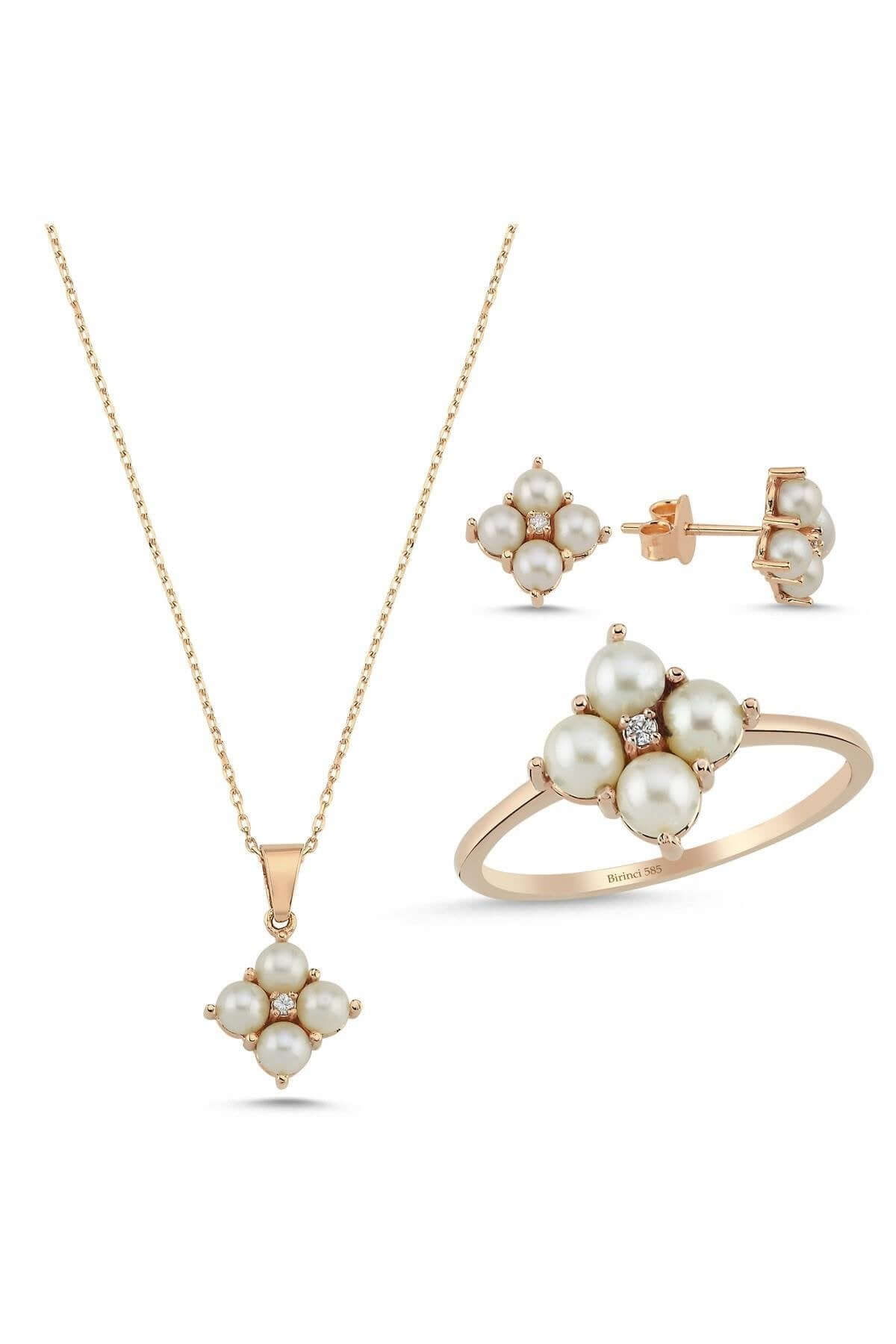 Dört Doğal İncili 0,24 Karat Pırlanta Küpe Kolye Yüzük Üçlü Set | | Birinci1926