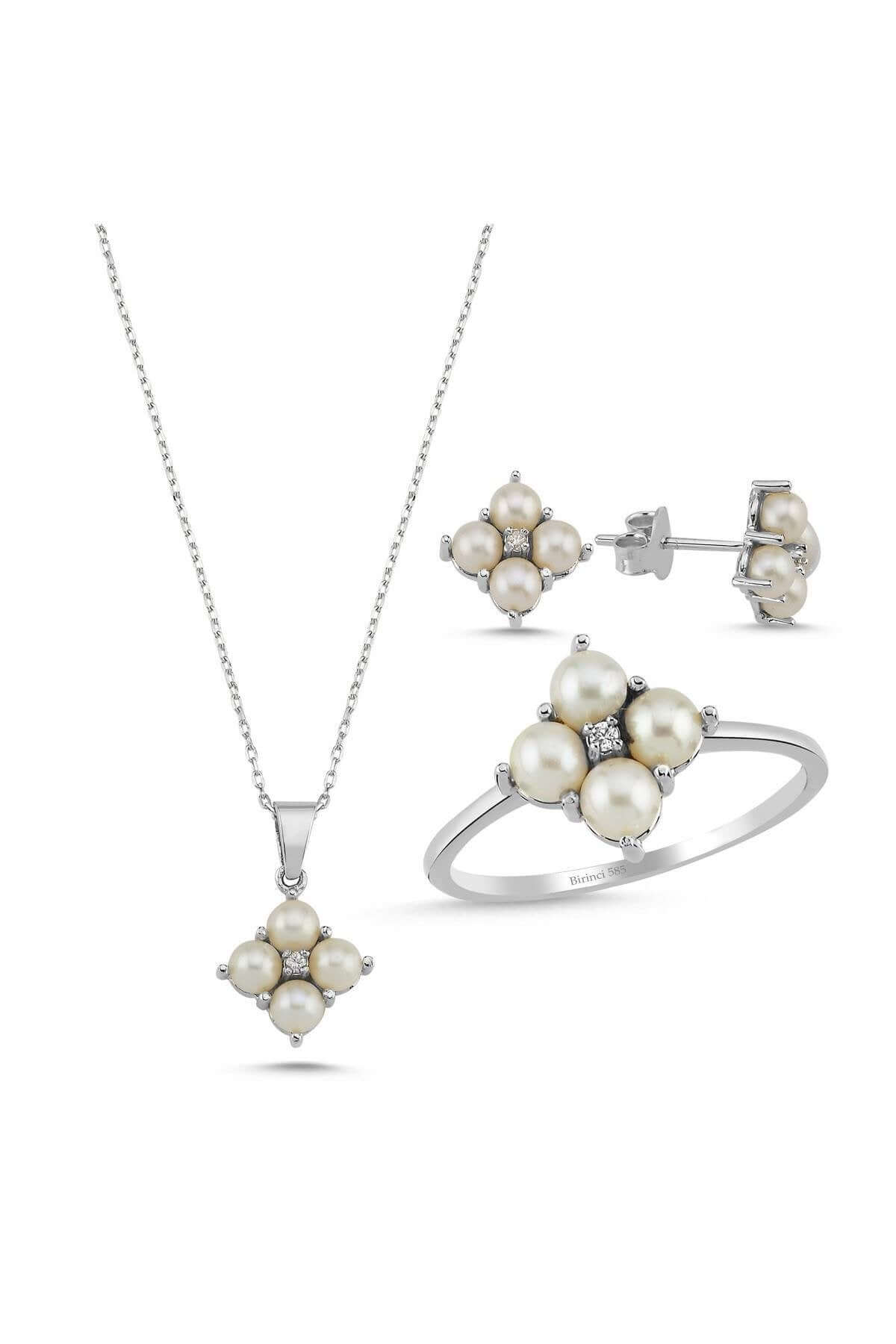 Dört Doğal İncili 0,24 Karat Pırlanta Küpe Kolye Yüzük Üçlü Set | | Birinci1926