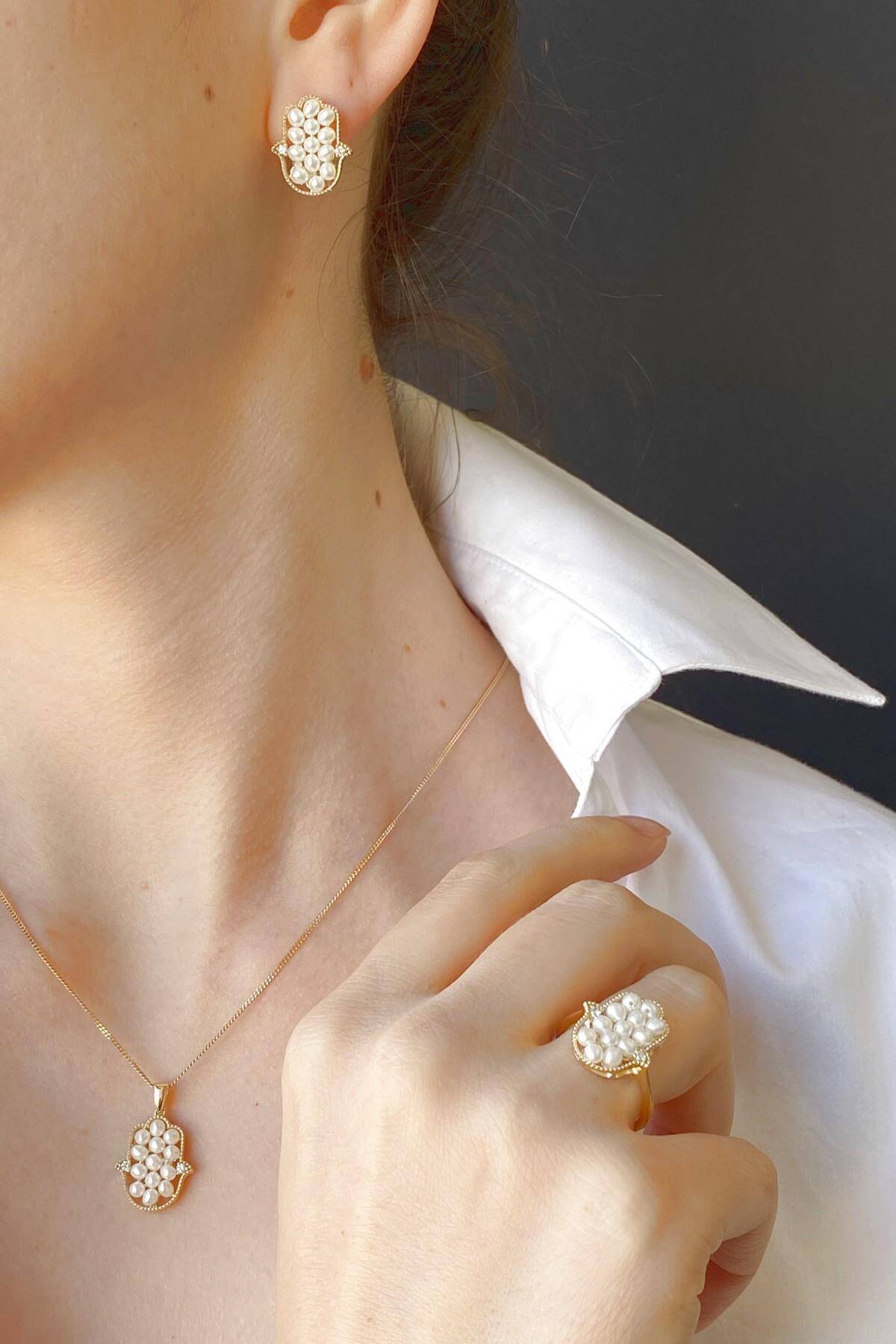 Fatma Elli Doğal İnci 0,35 Karat Pırlanta Küpe Kolye Yüzük Üçlü Set | | Birinci1926