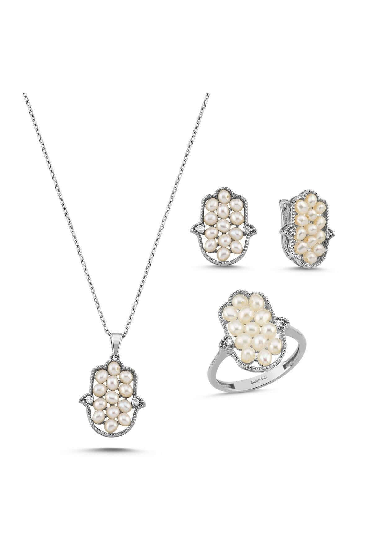 Fatma Elli Doğal İnci 0,35 Karat Pırlanta Küpe Kolye Yüzük Üçlü Set | | Birinci1926