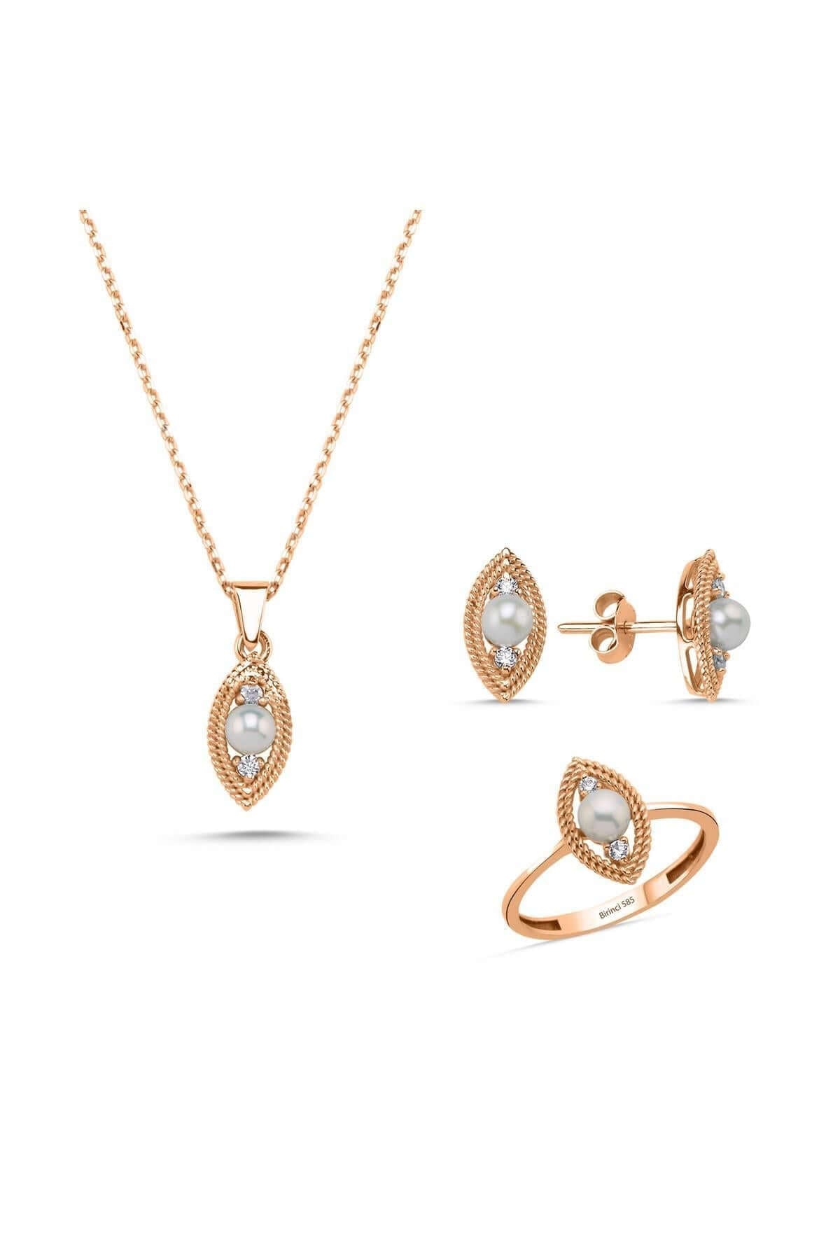 Göz Tek Doğal İncili 0,60 Karat Pırlanta Küpe Kolye Yüzük Üçlü Set | | Birinci1926