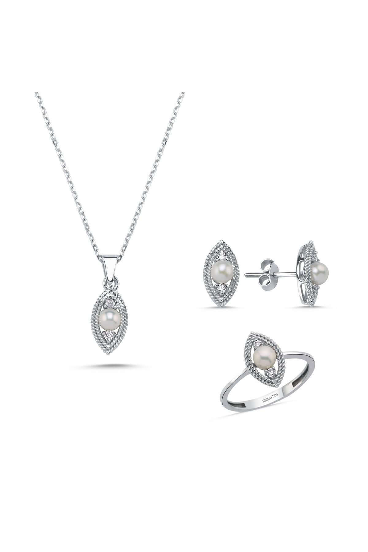 Göz Tek Doğal İncili 0,60 Karat Pırlanta Küpe Kolye Yüzük Üçlü Set | | Birinci1926