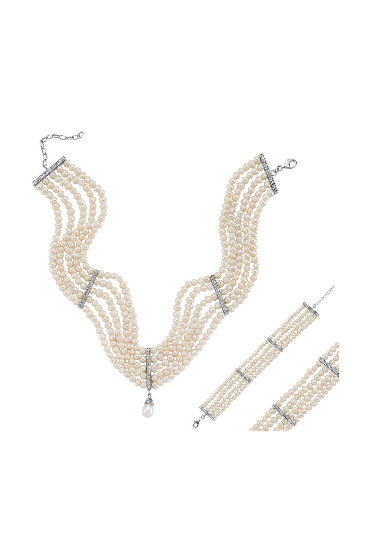 Zirkon Taşlı Doğal İnci Kolye Bileklik İkili Set