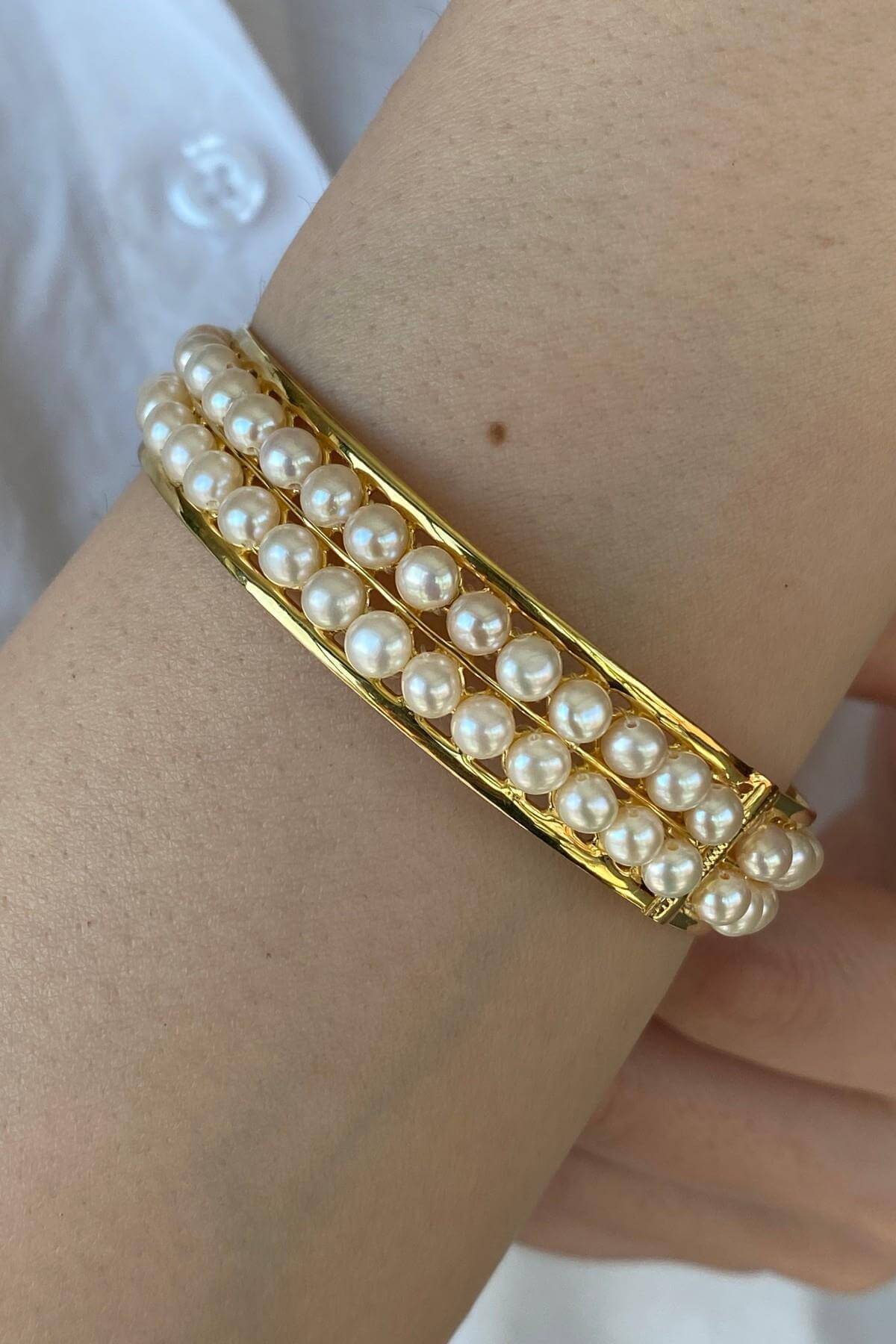 Çift Sıra Doğal İnci Kelepçe Bileklik | | Birinci1926