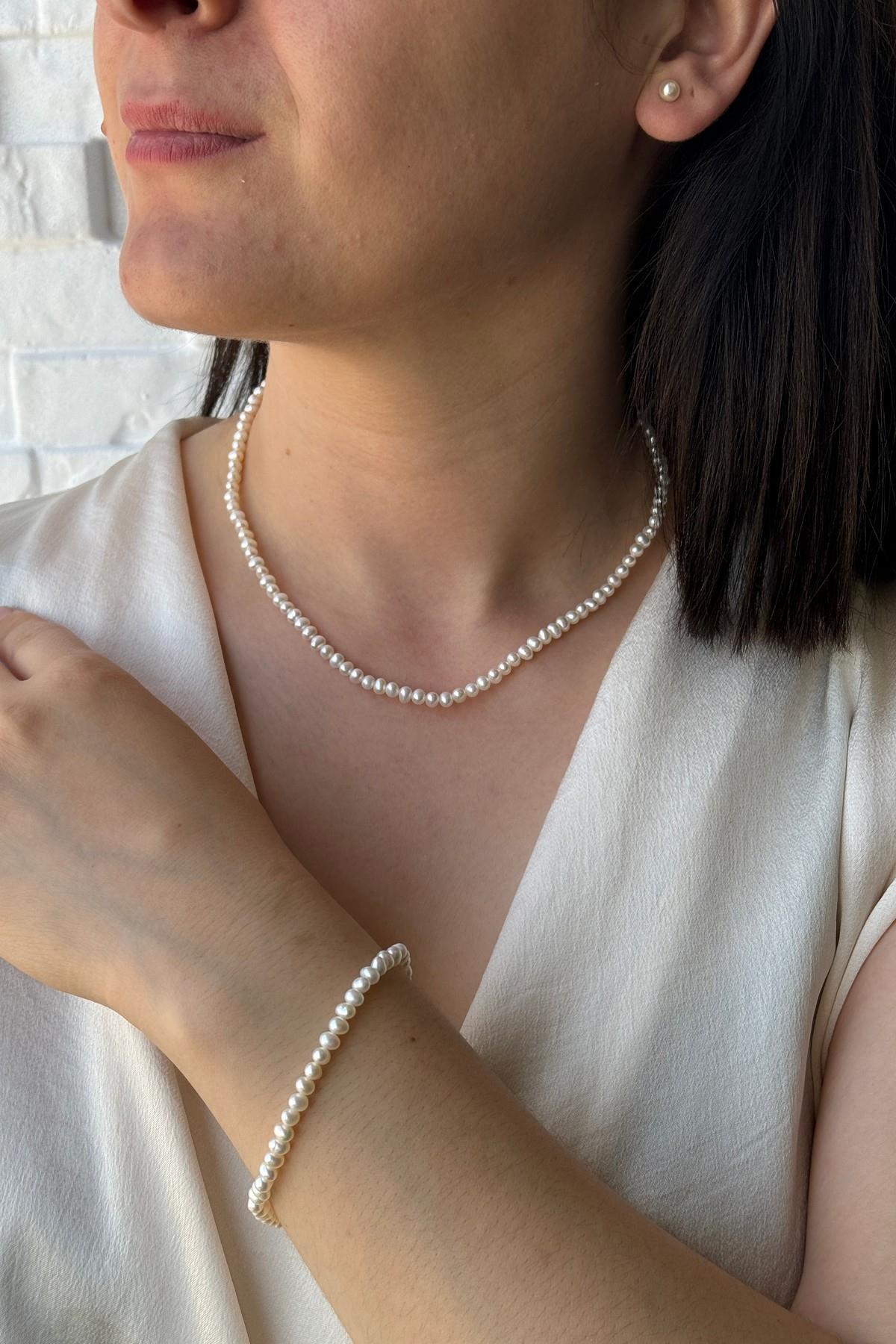 Doğal İnci Sıralı Kolye Bileklik Küpe Üçlü Set