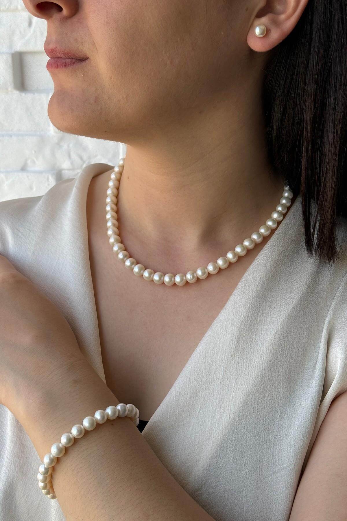 Doğal İnci Sıralı Kolye Bileklik Küpe Üçlü Set | | Birinci1926