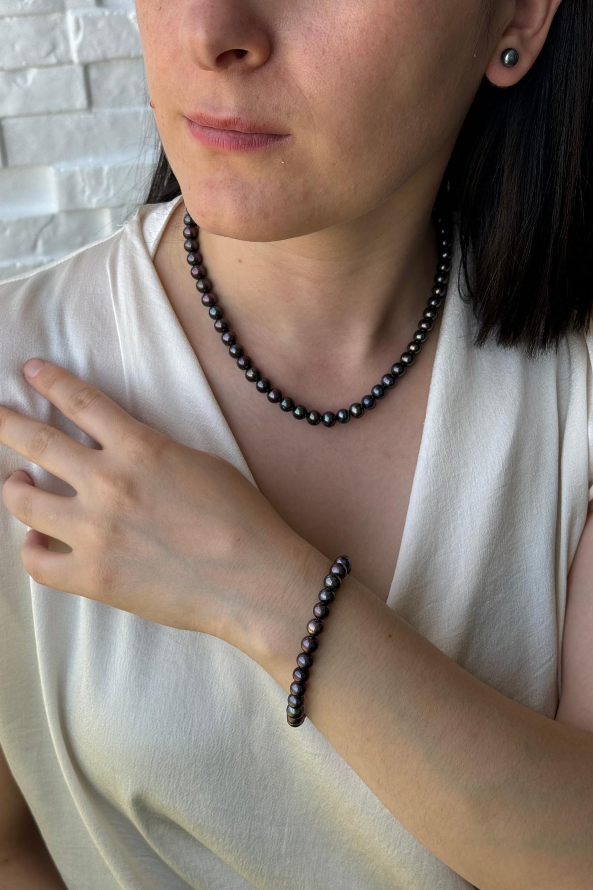 Siyah Doğal İnci Sıralı Kolye Bileklik Küpe Üçlü Set