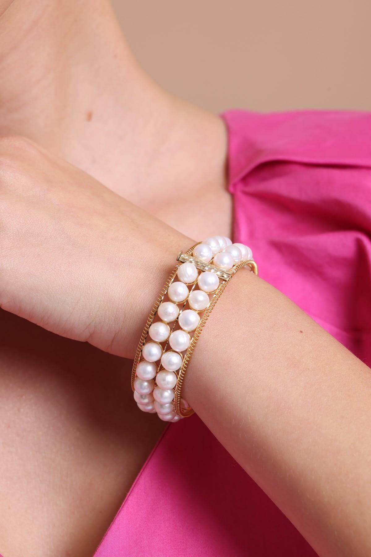 Çift Sıra Doğal İnci Kelepçe Bileklik | | Birinci1926