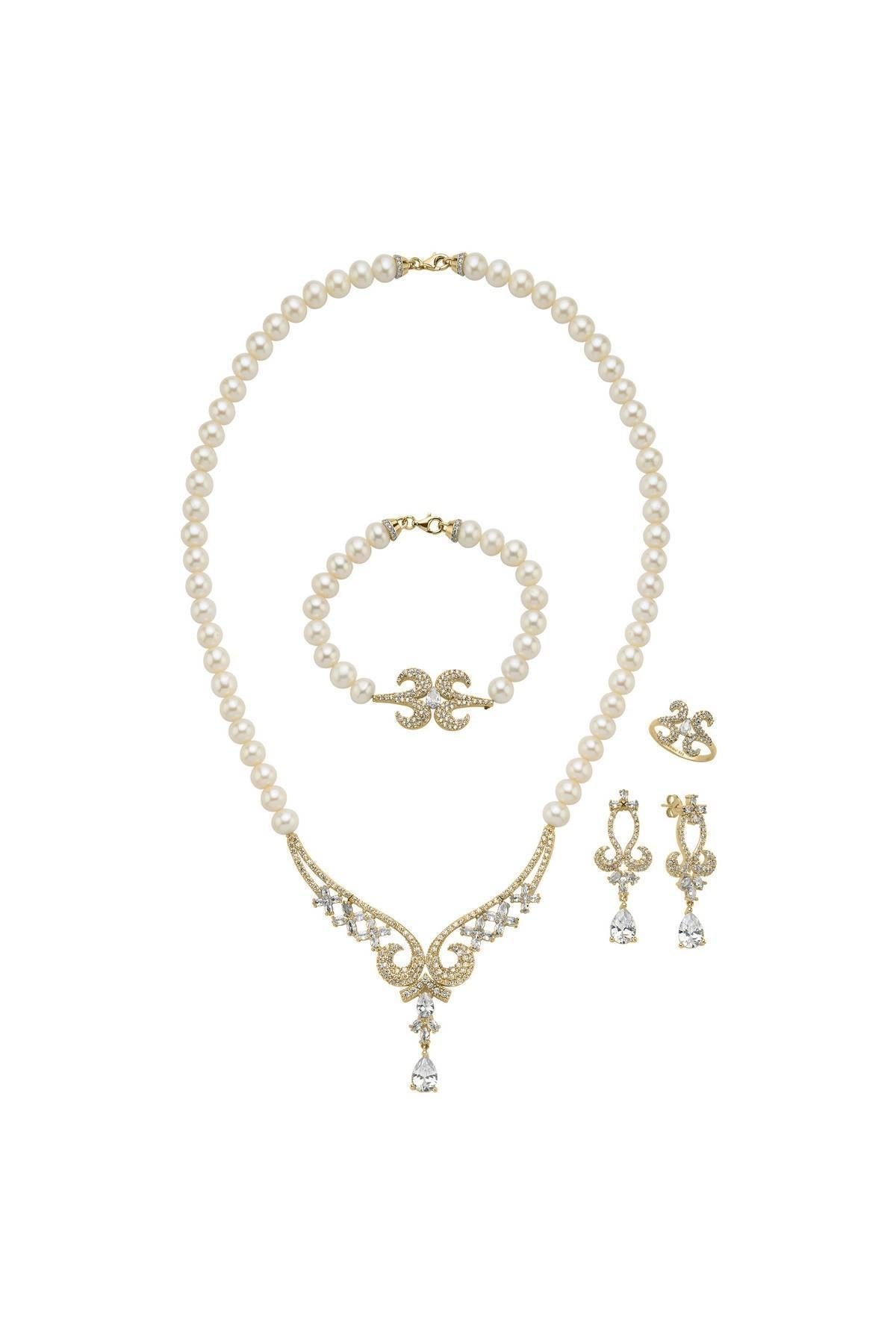 Koç Başı Zirkon Taşlı İnci Kolye Bileklik Küpe Yüzük Dörtlü Set