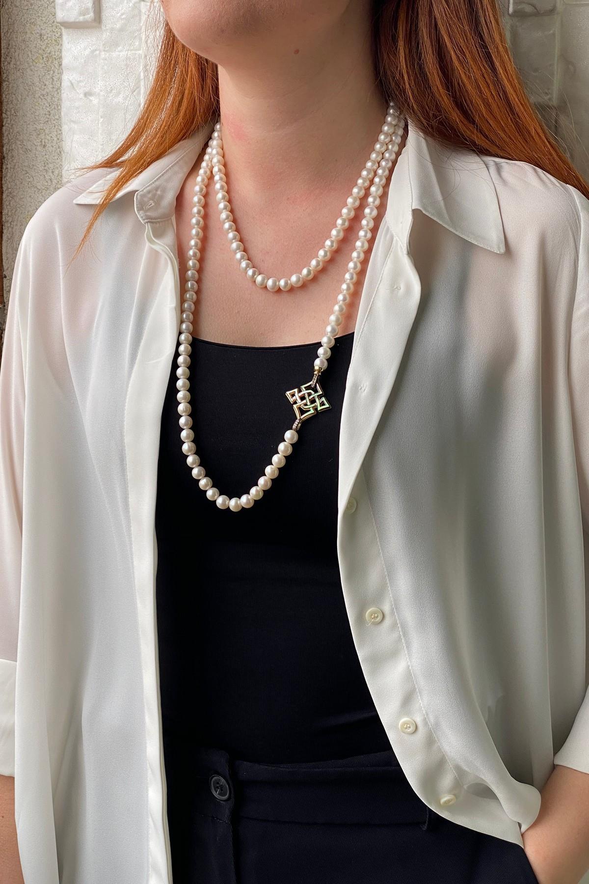 Uzun Tasarım Sıralı İnci Kolye