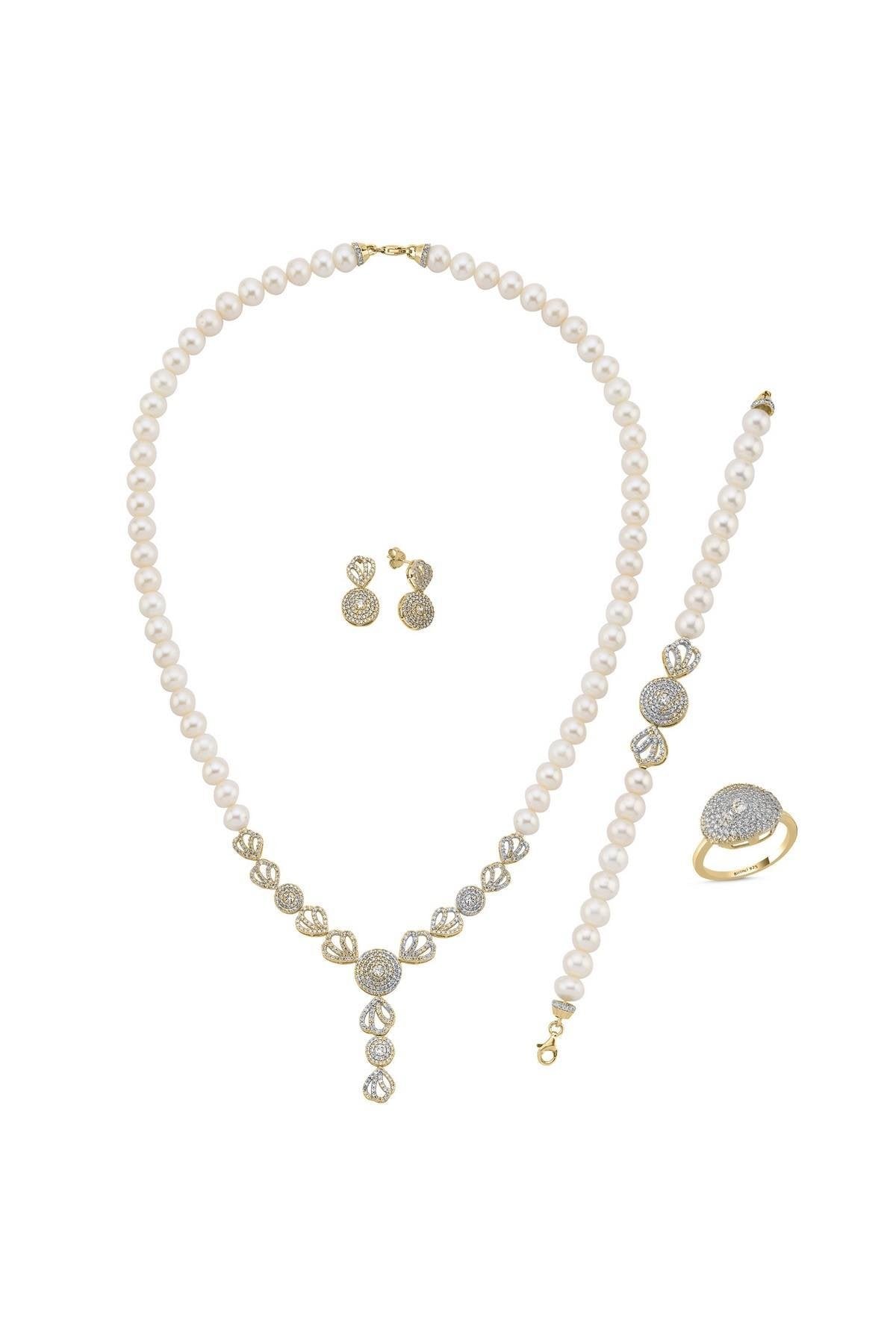 Zirkon Taşlı İnci Kolye Bilelik Küpe Yüzük Dörtlü Set