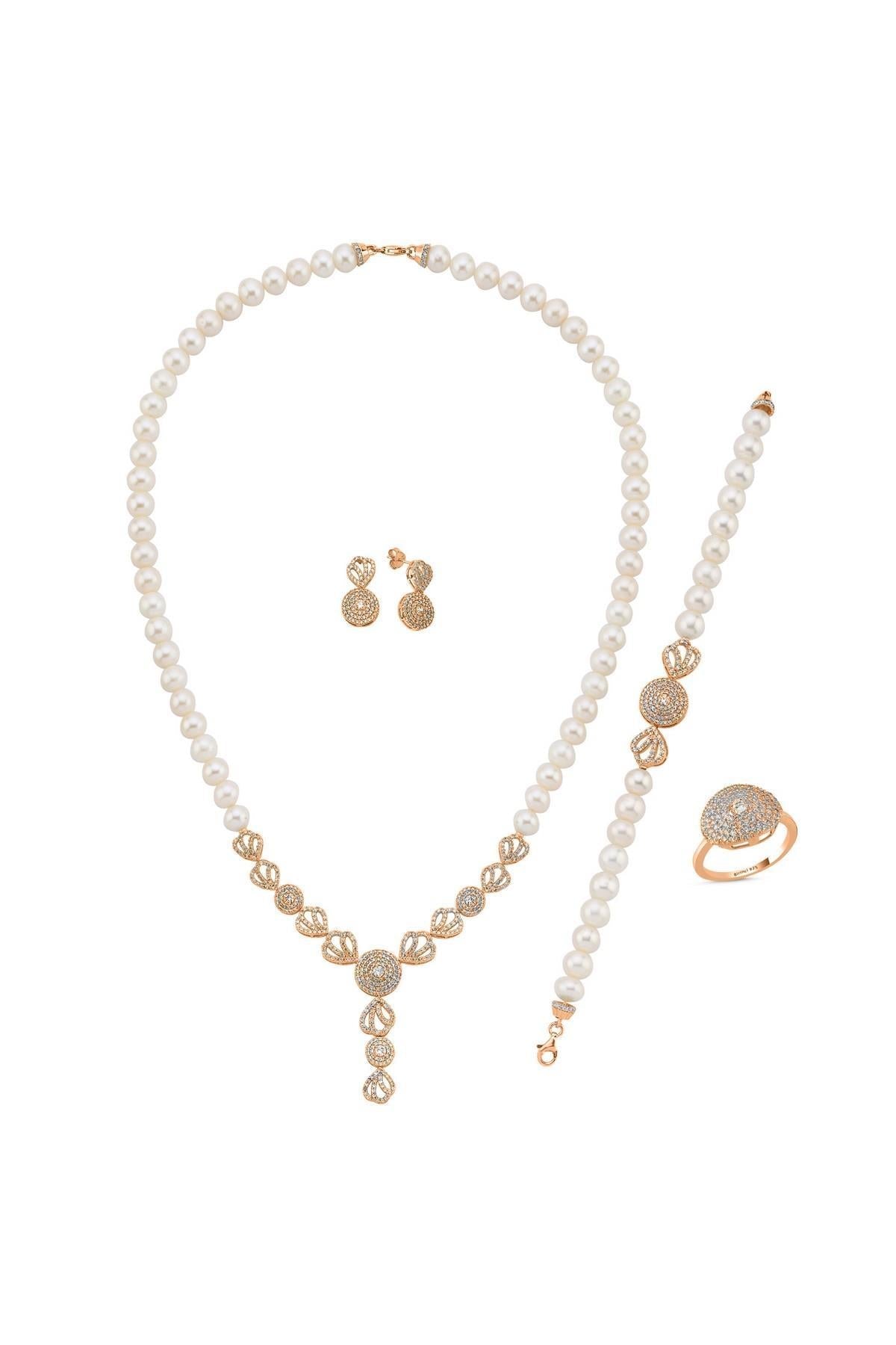 Zirkon Taşlı İnci Kolye Bilelik Küpe Yüzük Dörtlü Set