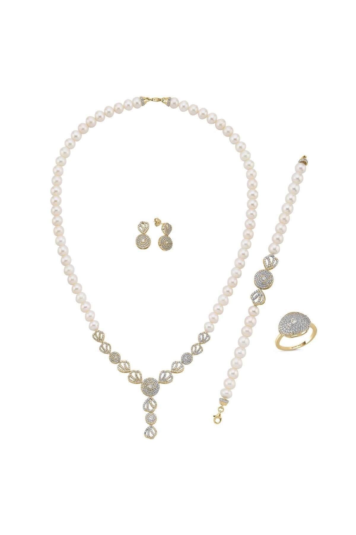 Zirkon Taşlı İnci Kolye Bilelik Küpe Yüzük Dörtlü Set