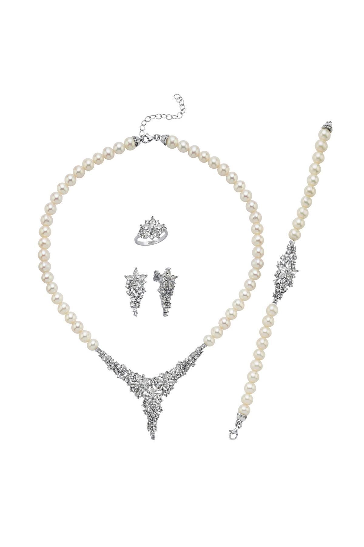 Çiçek Modelli Zirkon Taşlı Doğal İnci Küpe Kolye Bileklik Yüzük Dörtlü Set