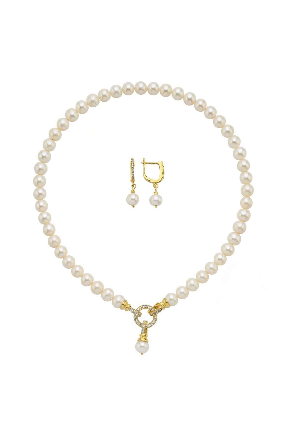 Halka Kilitli Doğal İnci Küpe Kolye İkili Set | | Birinci1926