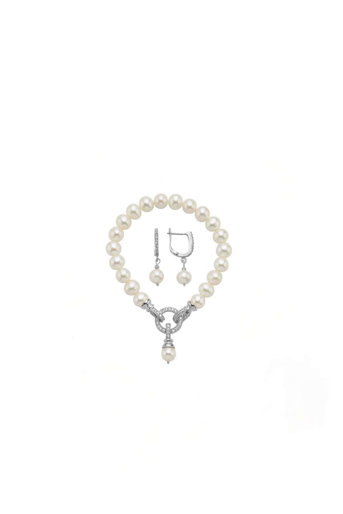 Halka Kilitli Doğal İnci Küpe Bileklik İkili Set | | Birinci1926