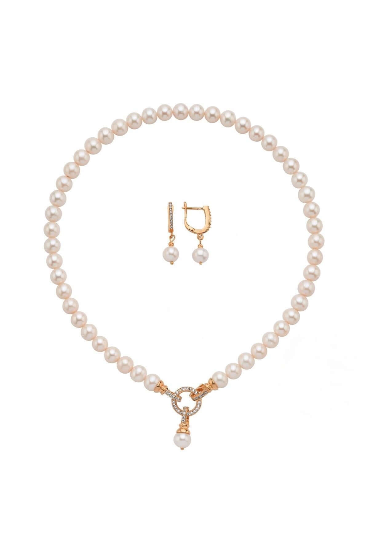 Halka Kilitli Doğal İnci Küpe Kolye İkili Set | | Birinci1926