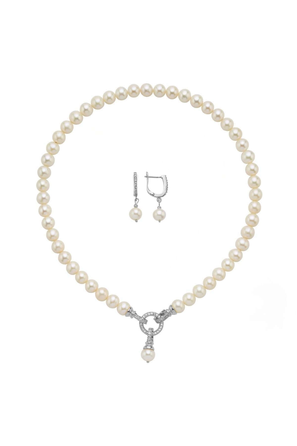 Halka Kilitli Doğal İnci Küpe Kolye İkili Set | | Birinci1926