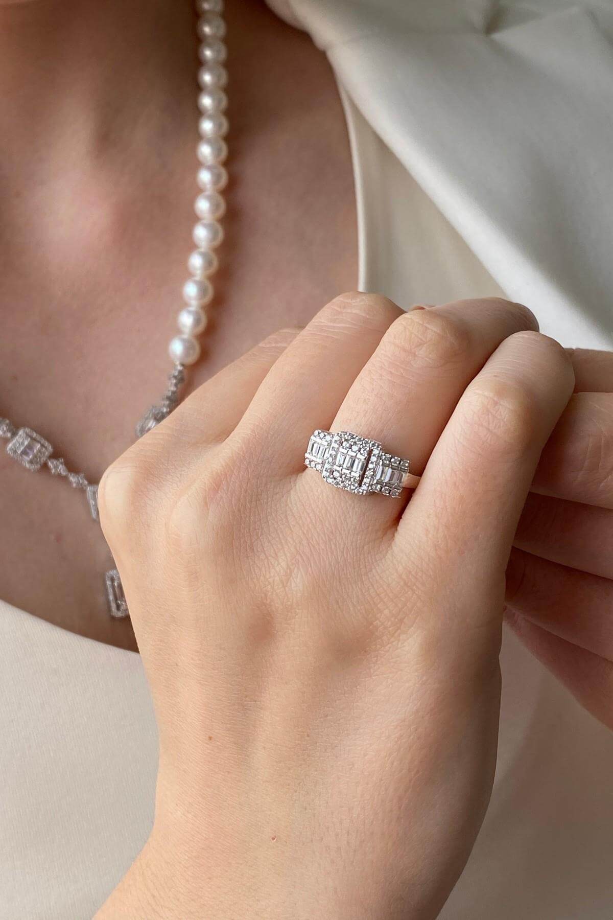 Baget Taşlı Doğal İnci Küpe Kolye Bileklik Yüzük Dörtlü Set | | Birinci1926