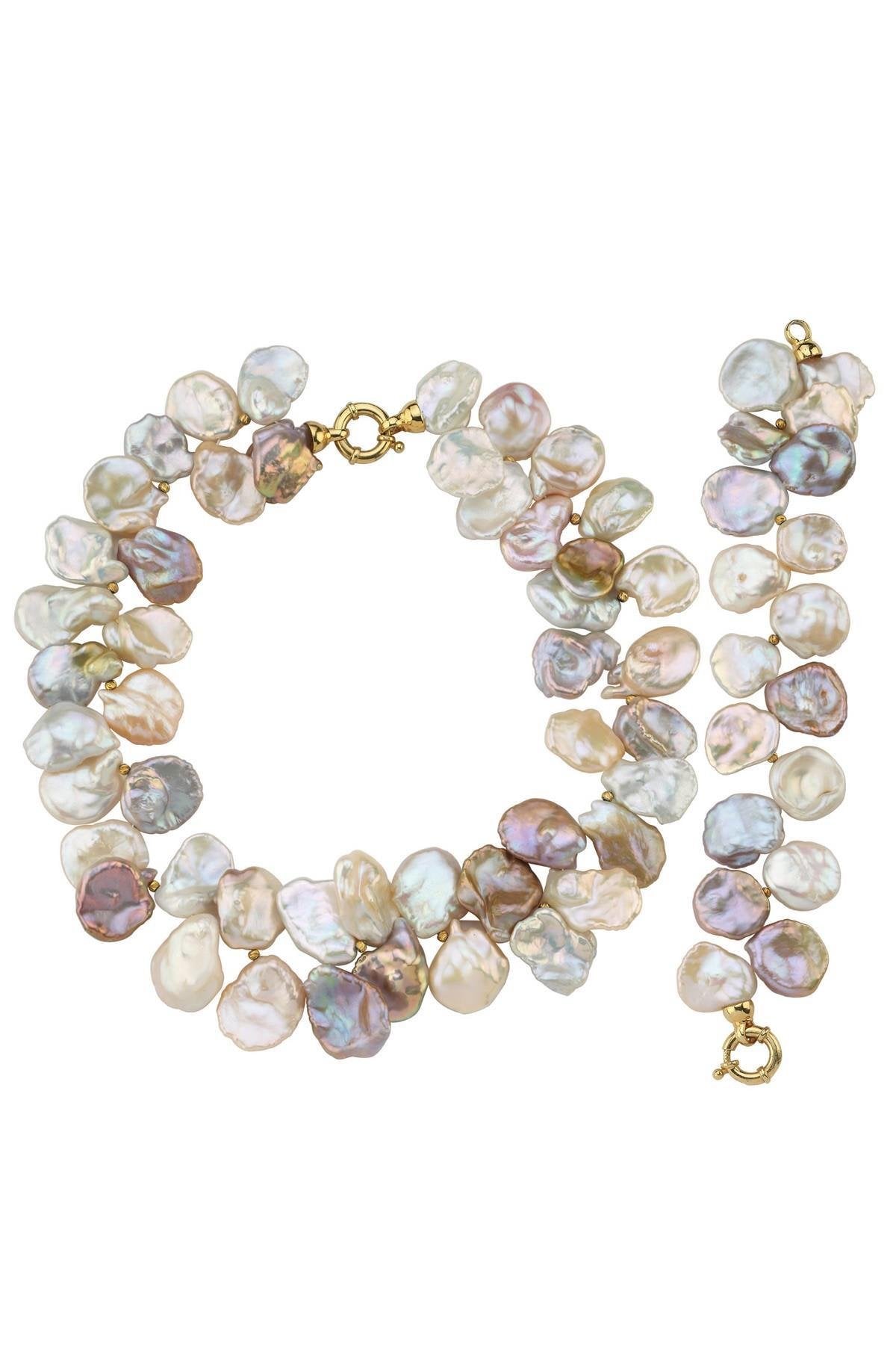 Barok İncili Multicolor Yaprak Kolye Bileklik İkili Set