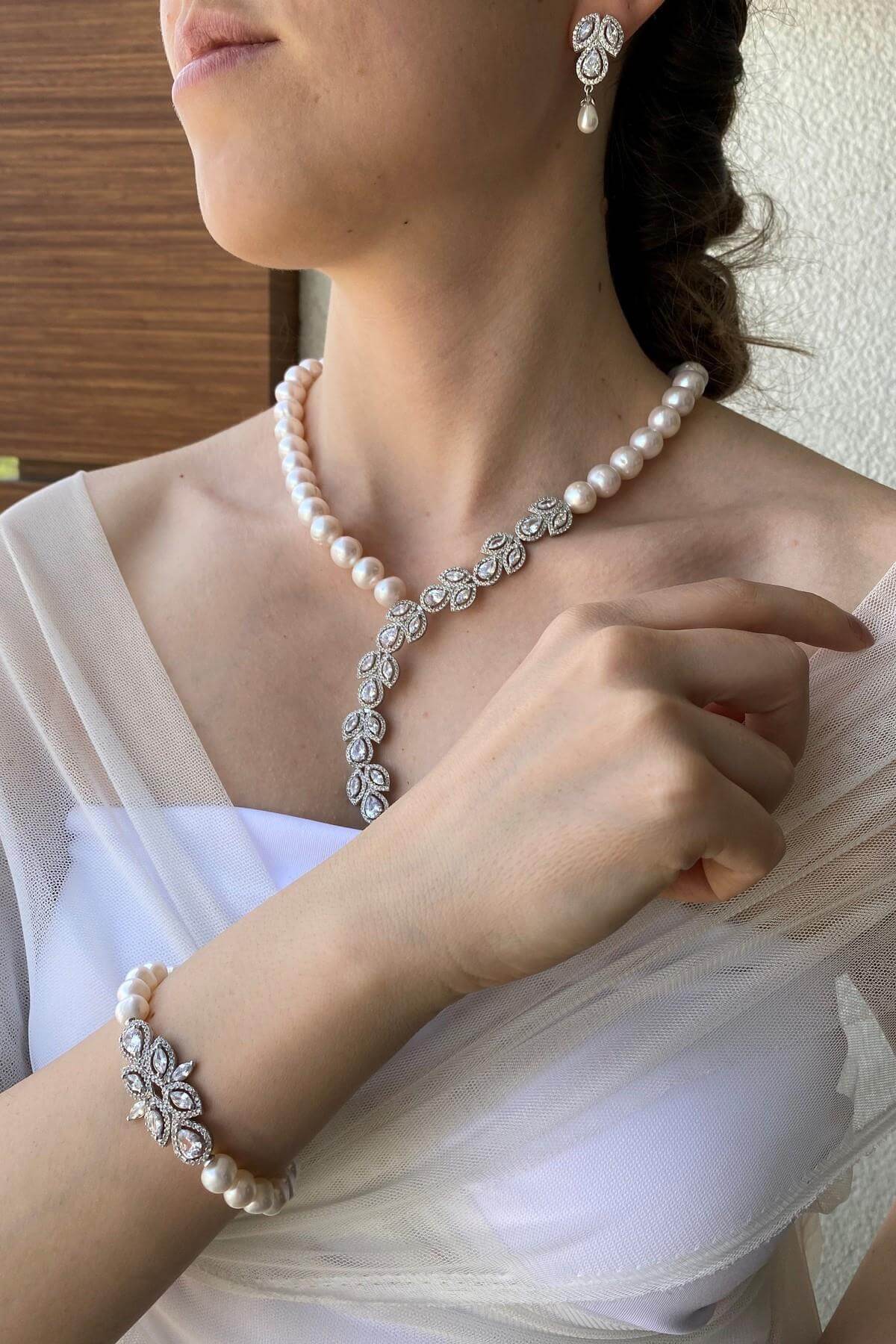 Doğal İnci Küpe Kolye Bileklik Üçlü Set | | Birinci1926