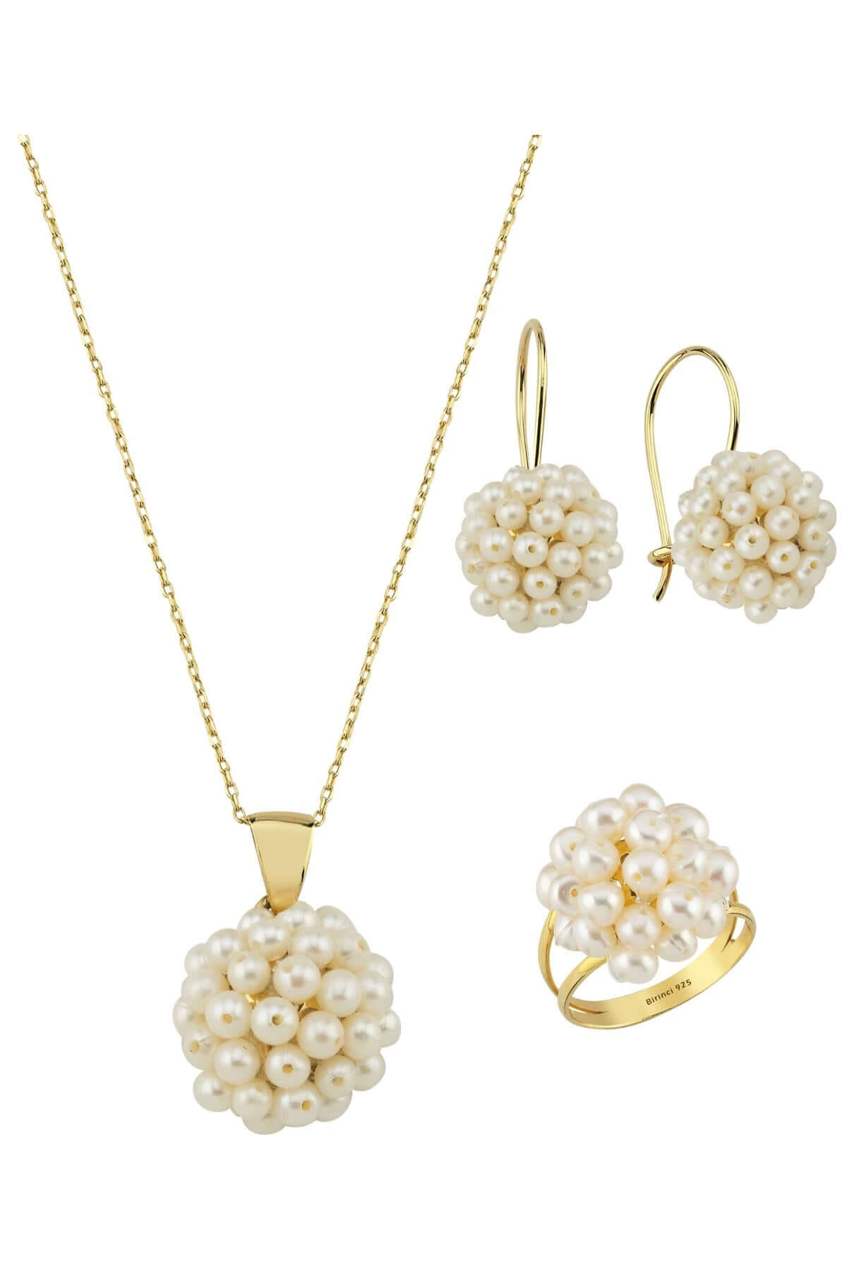 Prenses Model Doğal İnci Küpe Kolye Yüzük Üçlü Set | | Birinci1926