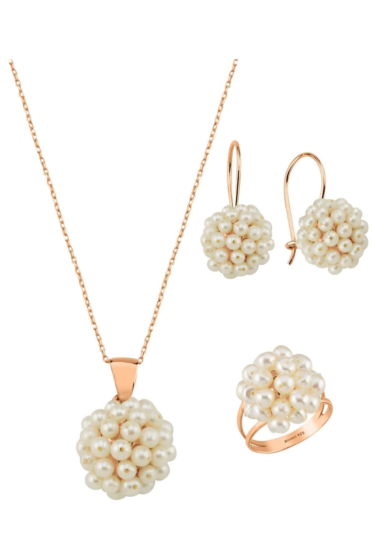 Prenses Model Doğal İnci Küpe Kolye Yüzük Üçlü Set | | Birinci1926