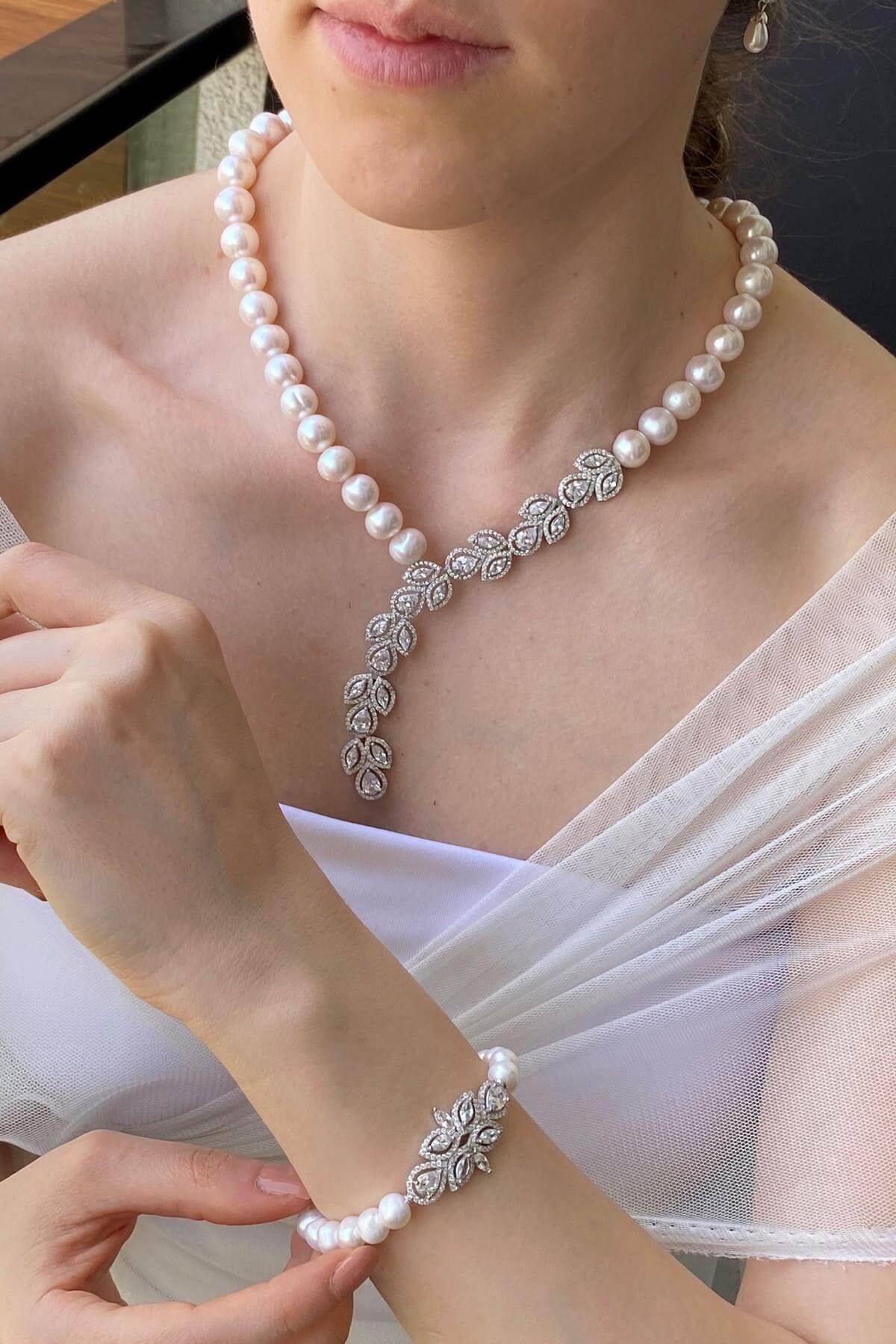 Yaprak Modelli Zirkon Taşlı Doğal İnci Kolye Bileklik İkili Set | | Birinci1926