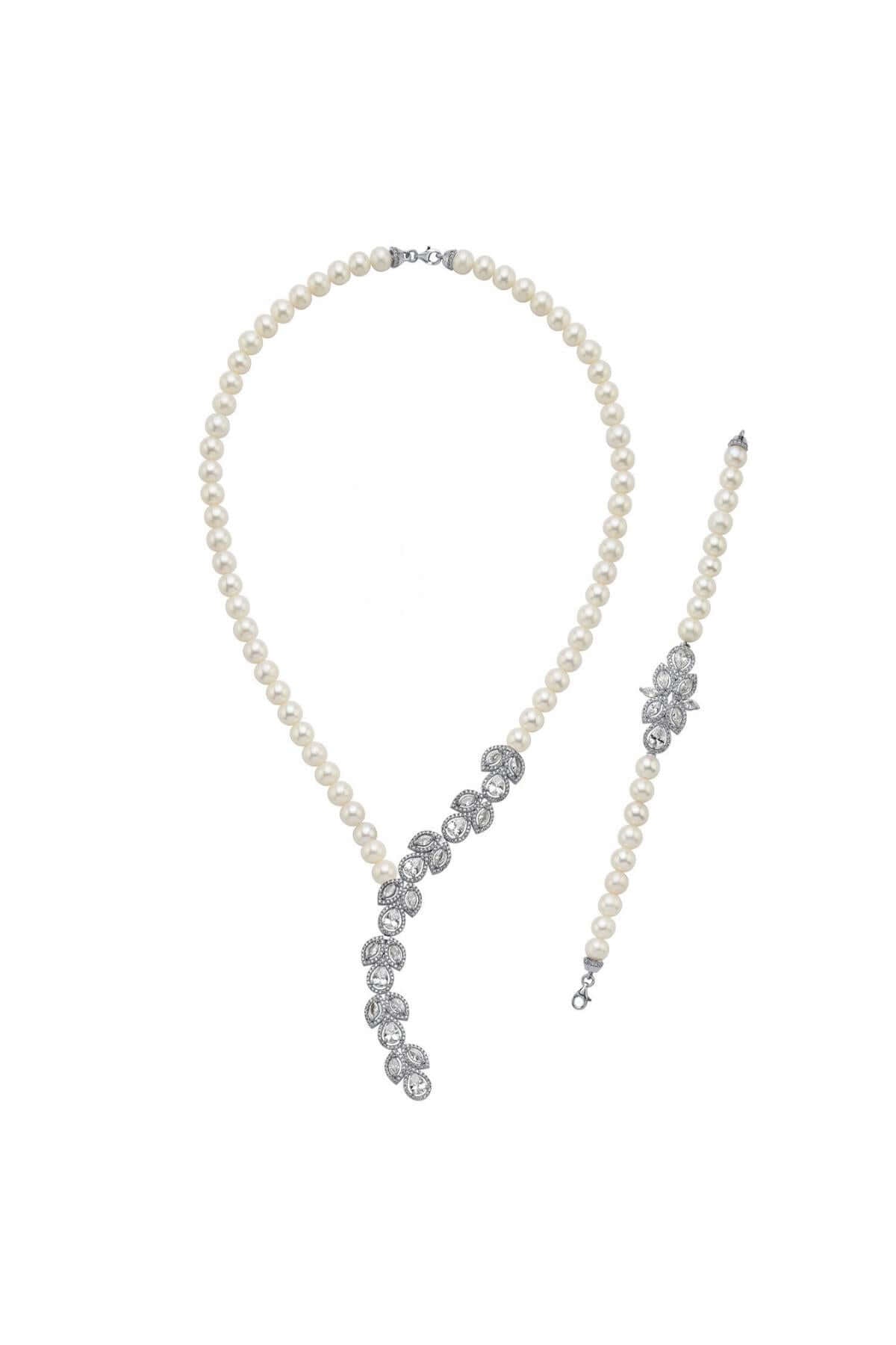 Yaprak Modelli Zirkon Taşlı Doğal İnci Kolye Bileklik İkili Set | | Birinci1926