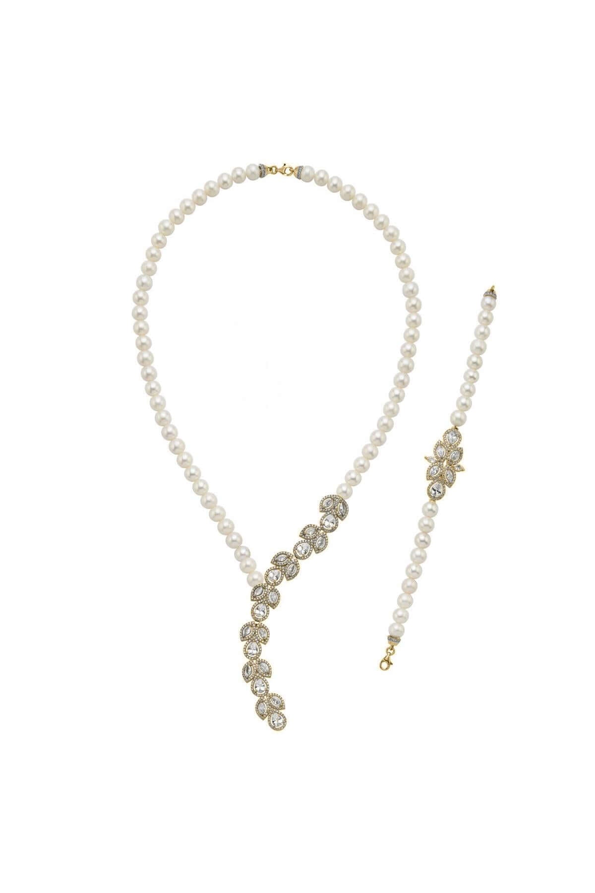 Yaprak Modelli Zirkon Taşlı Doğal İnci Kolye Bileklik İkili Set | | Birinci1926