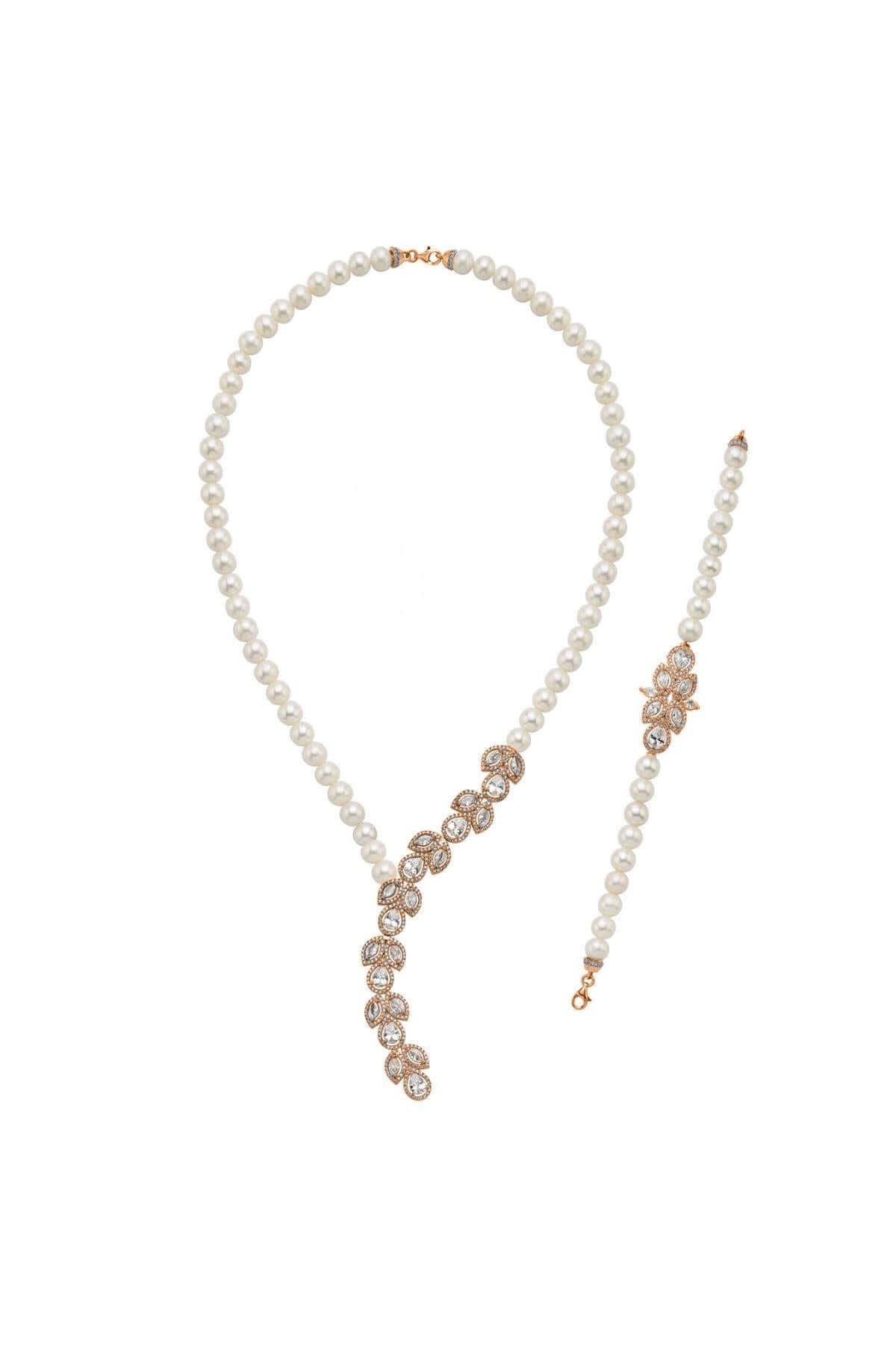 Yaprak Modelli Zirkon Taşlı Doğal İnci Kolye Bileklik İkili Set | | Birinci1926