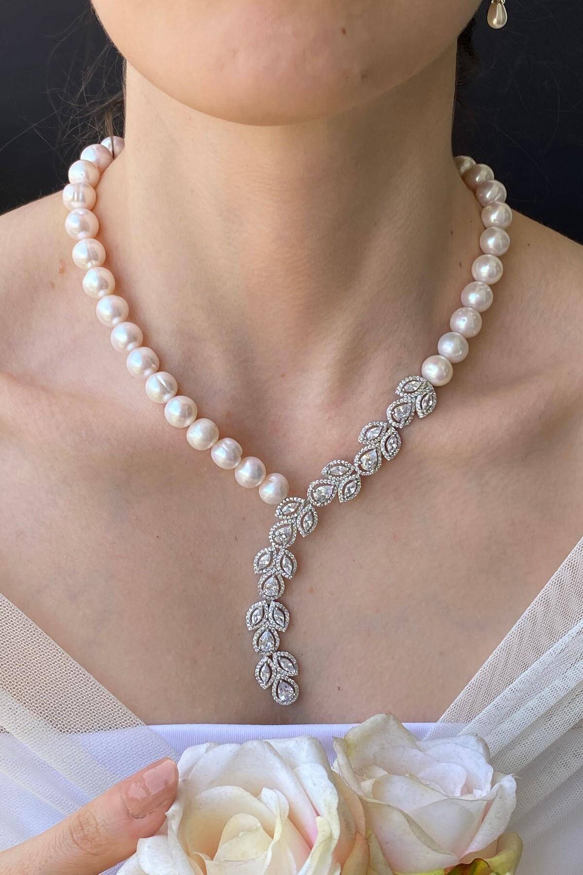 Yaprak Modelli Zirkon Taşlı Doğal İnci Kolye Bileklik İkili Set | | Birinci1926