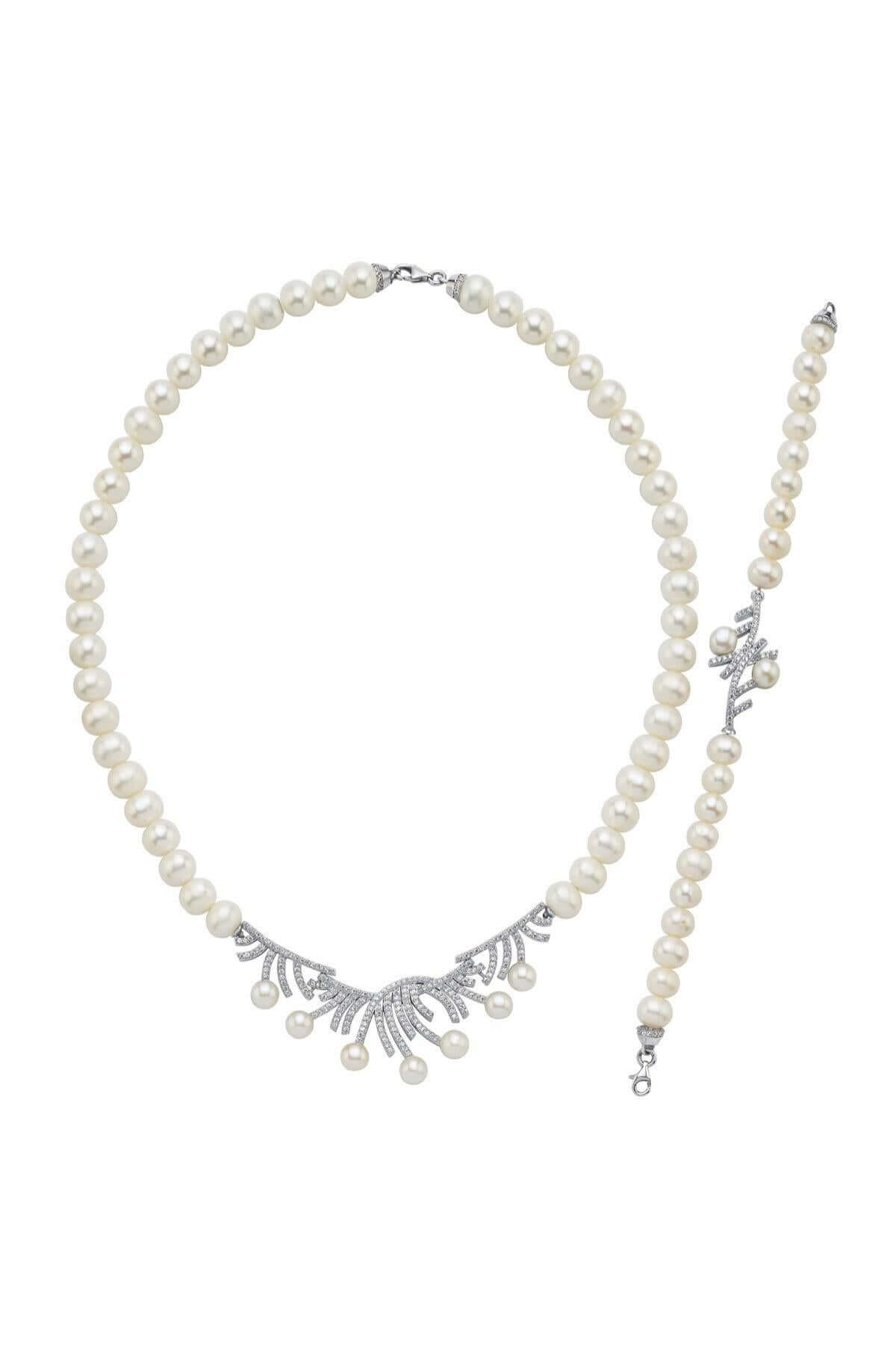 Zirkon Taşlı Çubuk Figürlü Doğal İnci Kolye Bileklik İkili Set | | Birinci1926