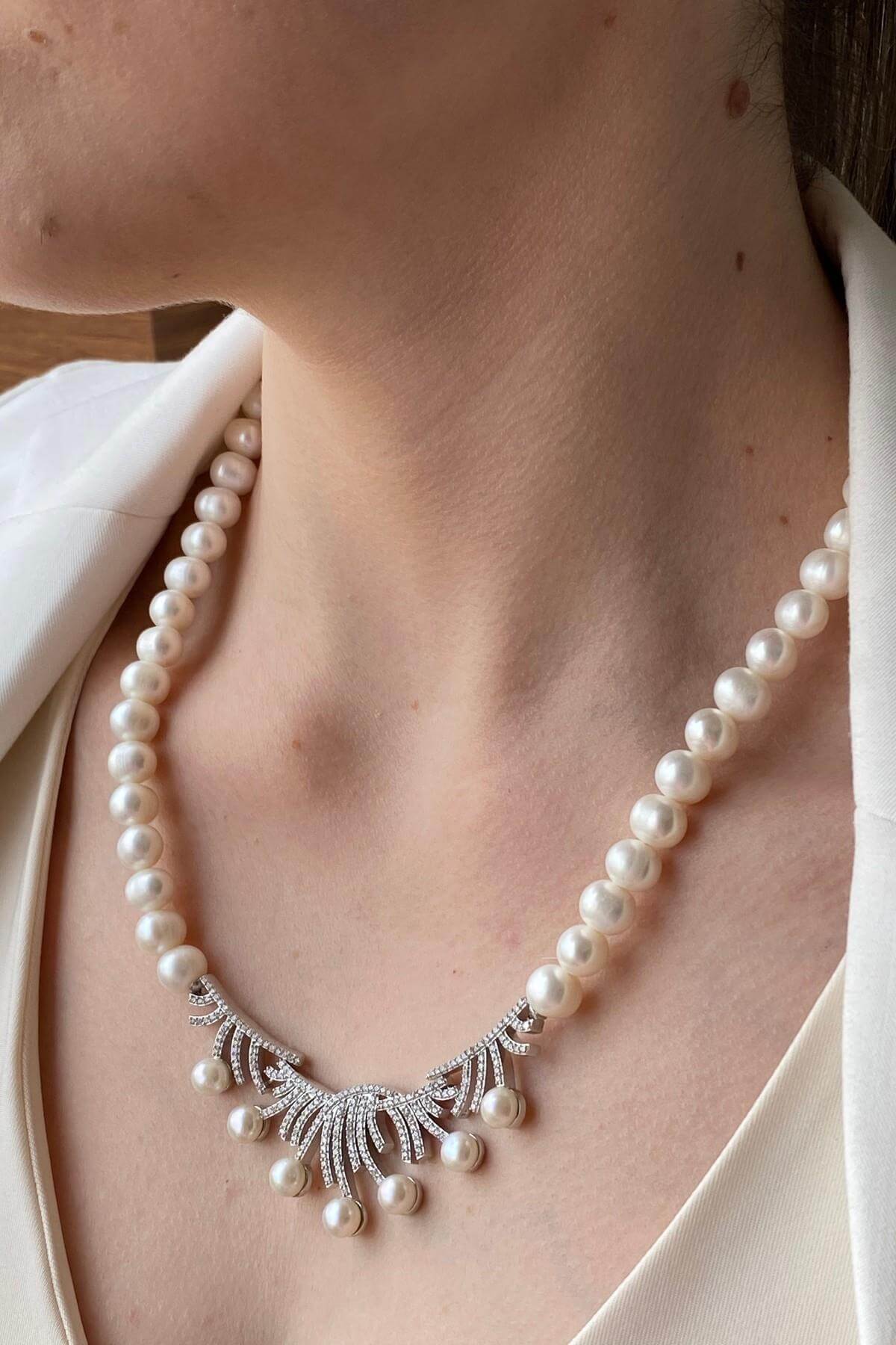 Zirkon Taşlı Çubuk Figürlü Doğal İnci Kolye Bileklik İkili Set | | Birinci1926