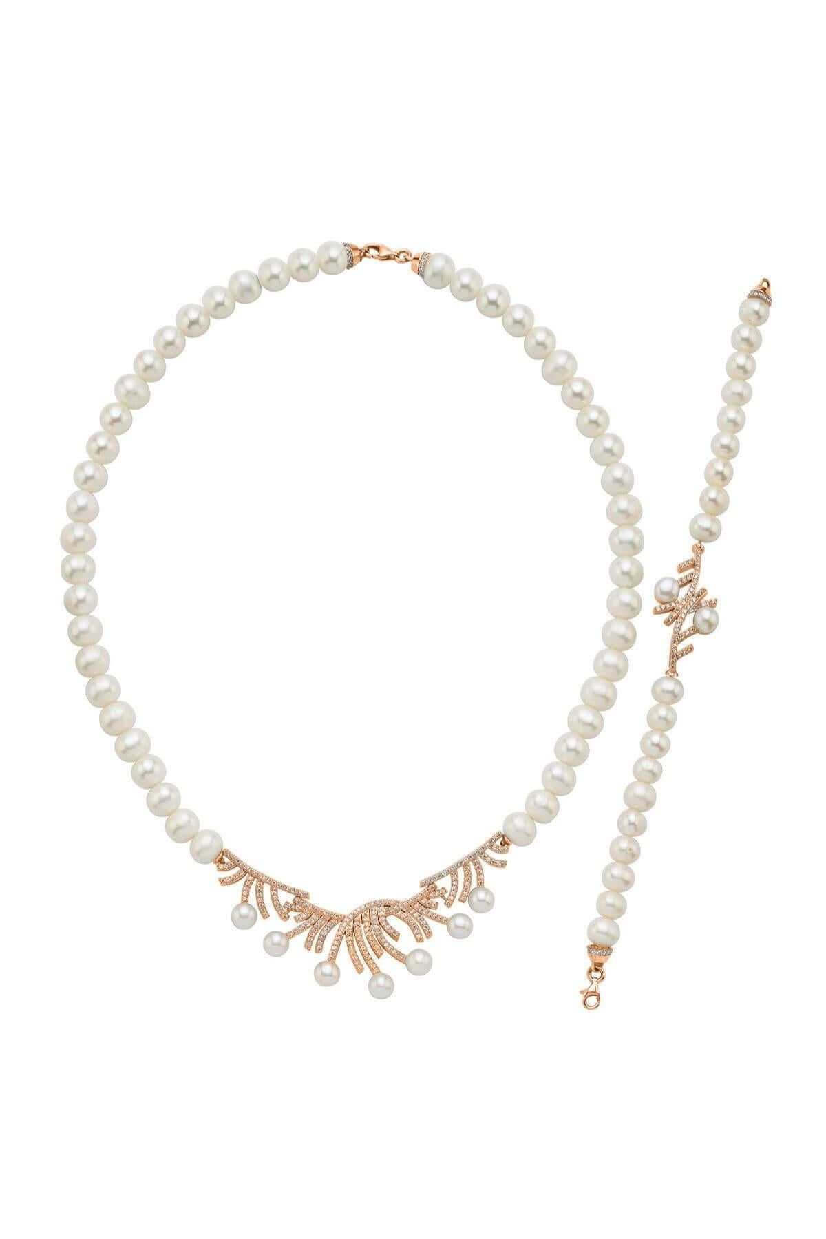 Zirkon Taşlı Çubuk Figürlü Doğal İnci Kolye Bileklik İkili Set | | Birinci1926