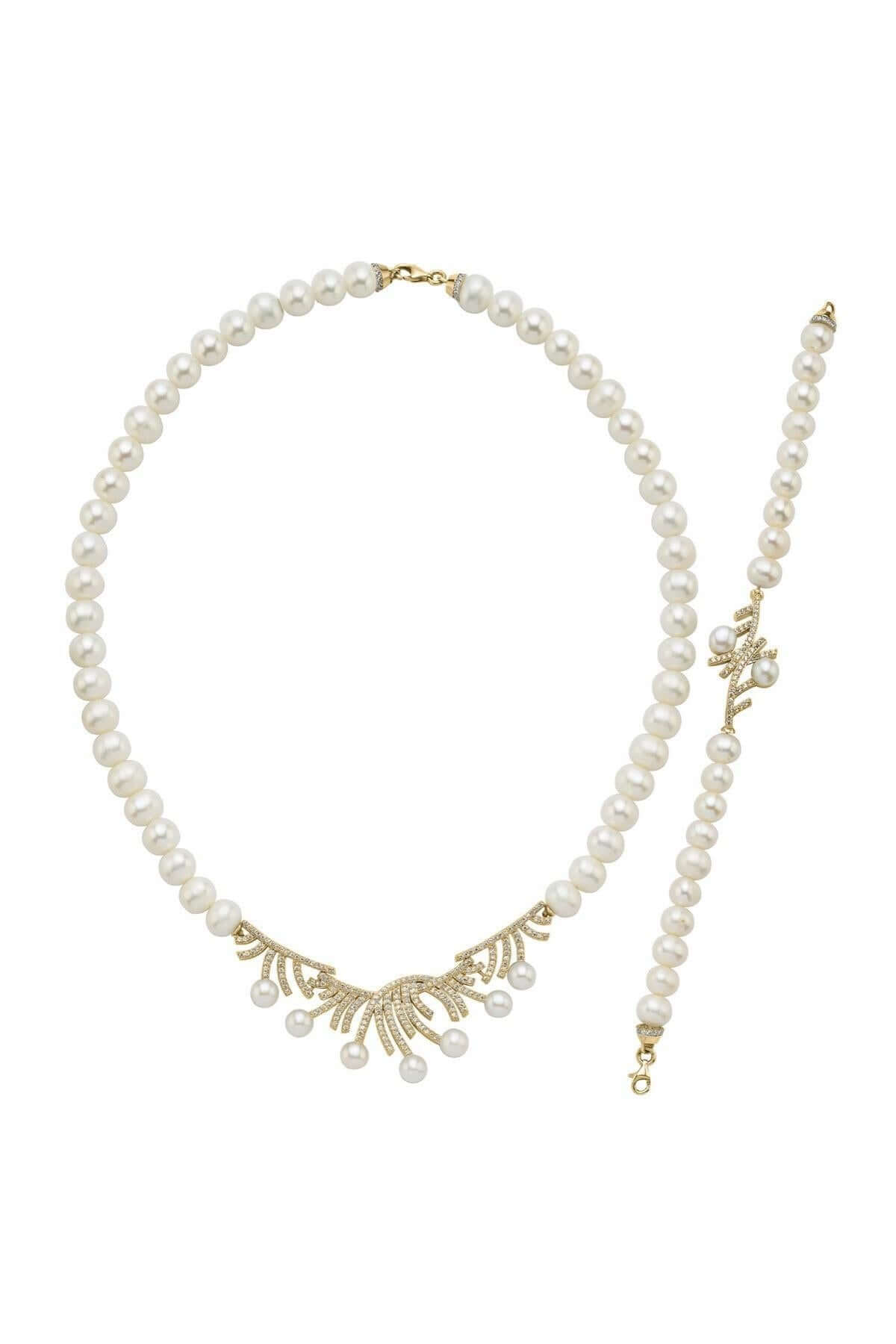 Zirkon Taşlı Çubuk Figürlü Doğal İnci Kolye Bileklik İkili Set | | Birinci1926