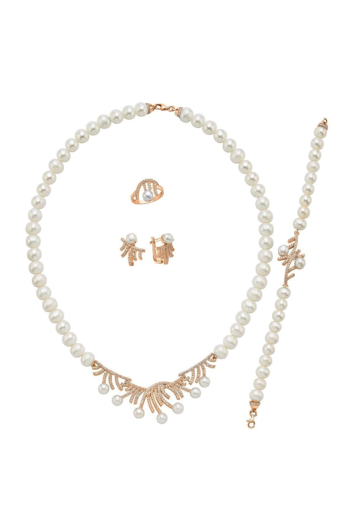 Zirkon Taşlı Çubuk Figürlü Doğal İnci Küpe Kolye Bileklik Yüzük Dörtlü Set | | Birinci1926