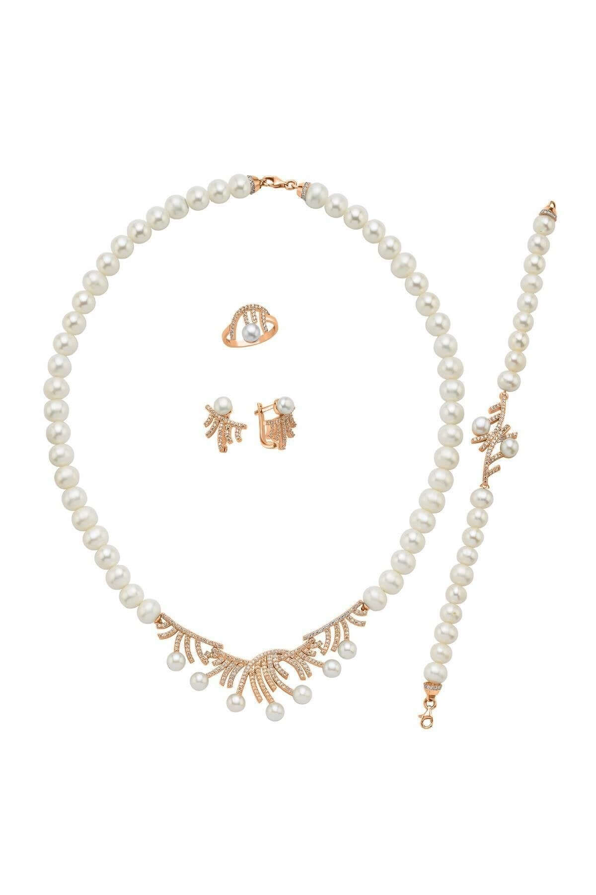 Zirkon Taşlı Çubuk Figürlü Doğal İnci Küpe Kolye Bileklik Yüzük Dörtlü Set | | Birinci1926