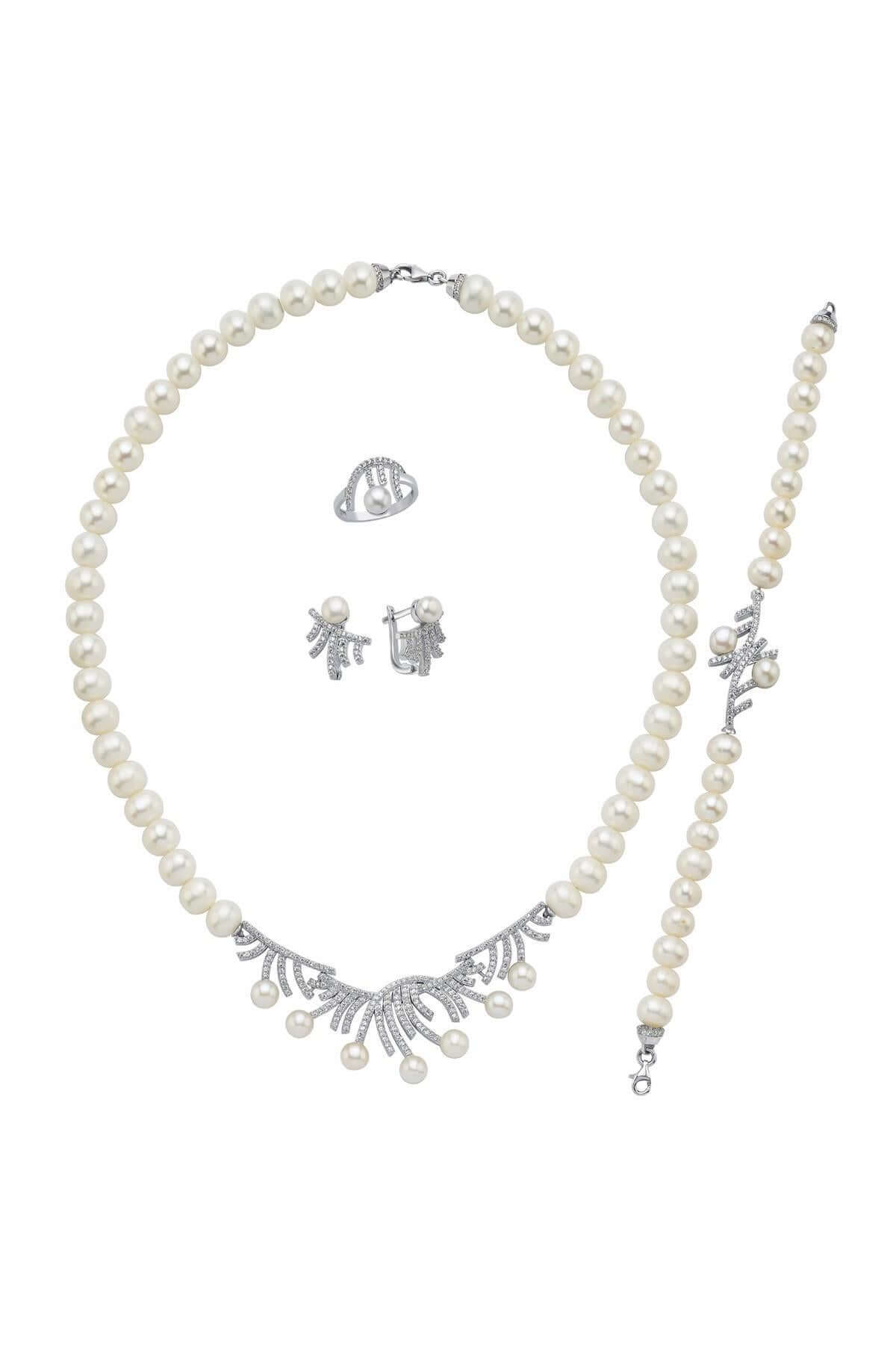 Zirkon Taşlı Çubuk Figürlü Doğal İnci Küpe Kolye Bileklik Yüzük Dörtlü Set | | Birinci1926