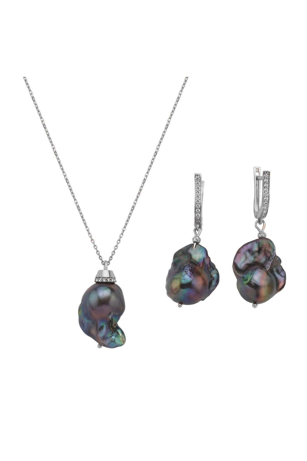 Siyah Barok İnci Kolye Küpe İkili Set