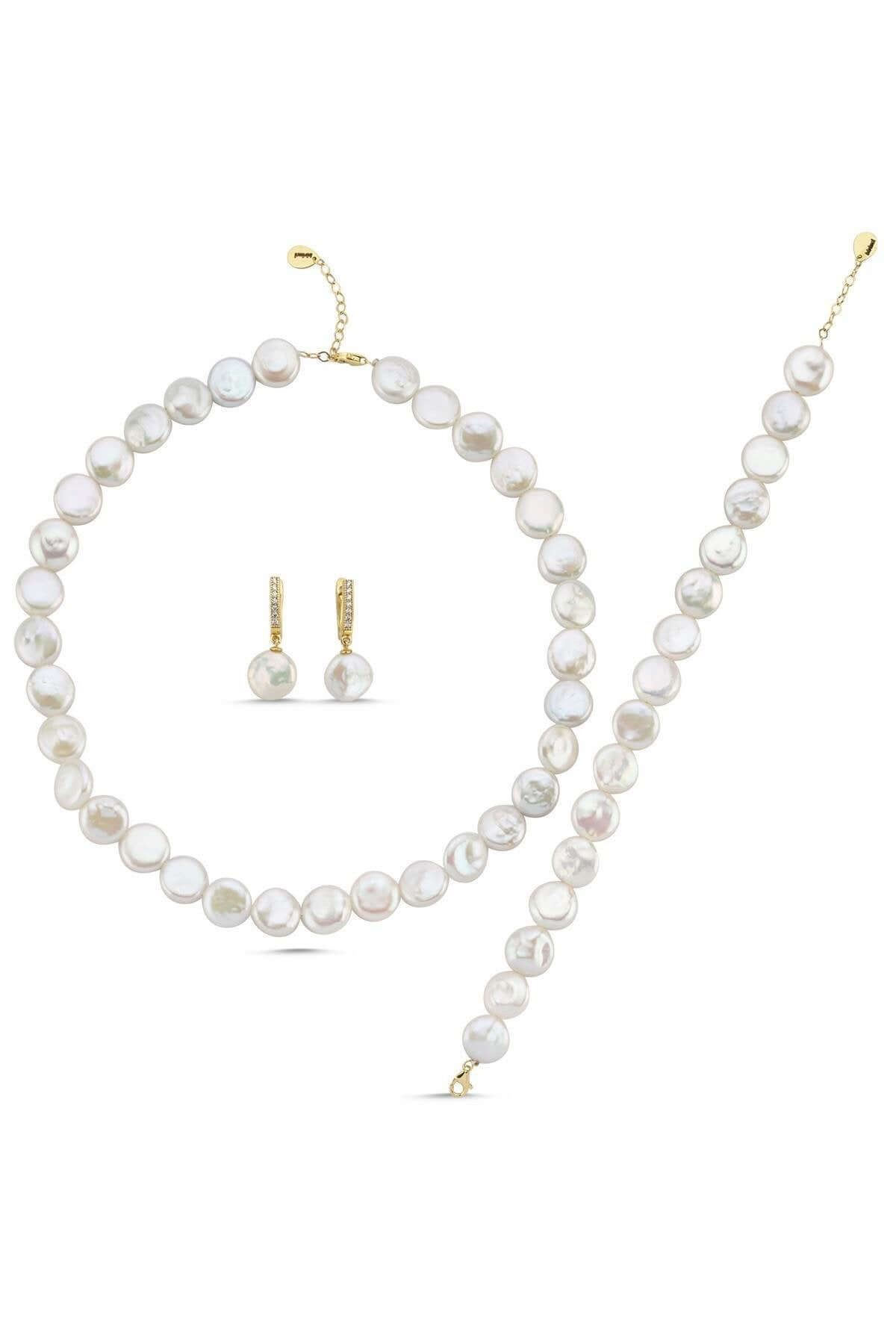 Yassı Doğal İnci Küpe Kolye Bileklik Üçlü Set | | Birinci1926