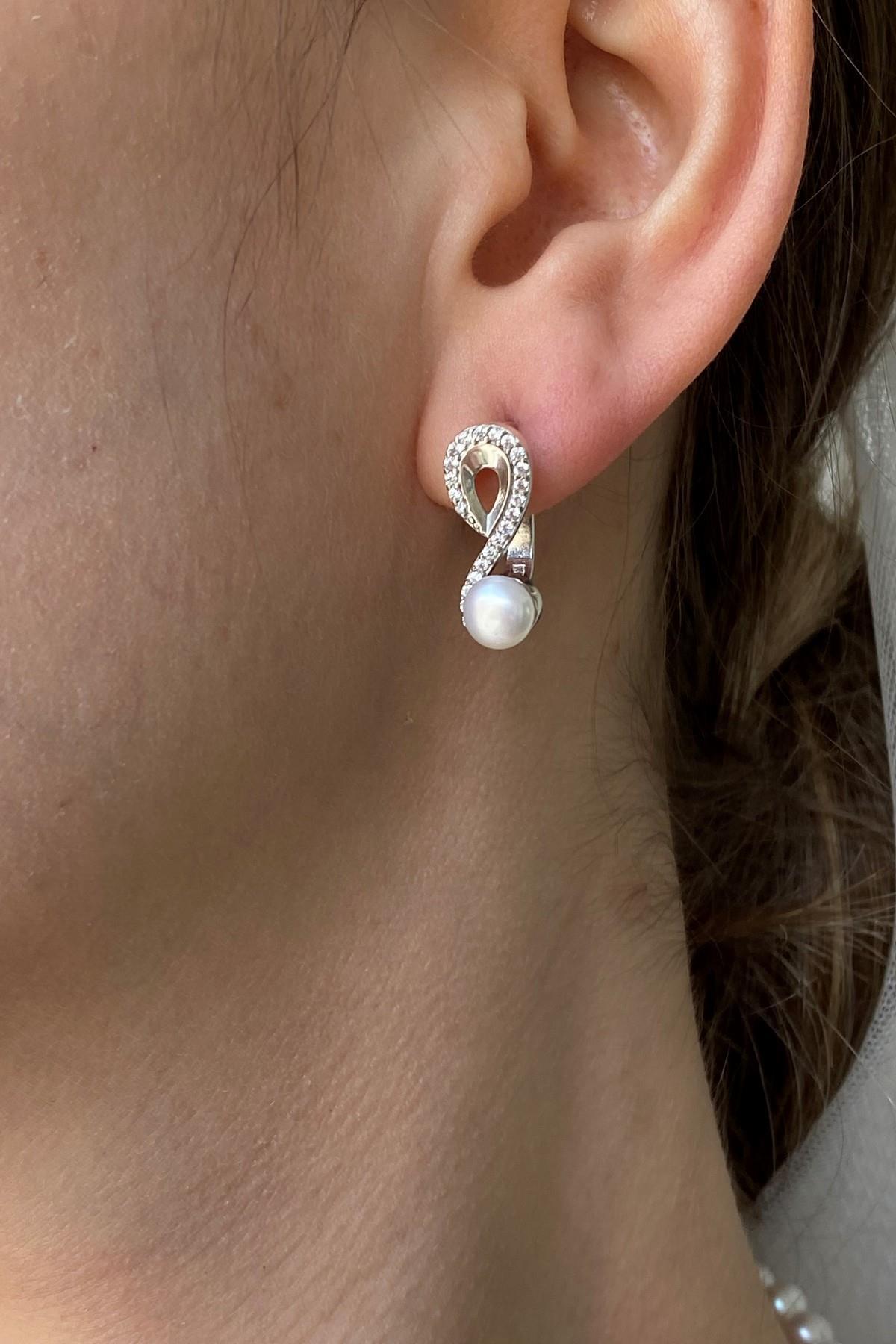 Zirkon Taşlı Doğal İnci Küpe