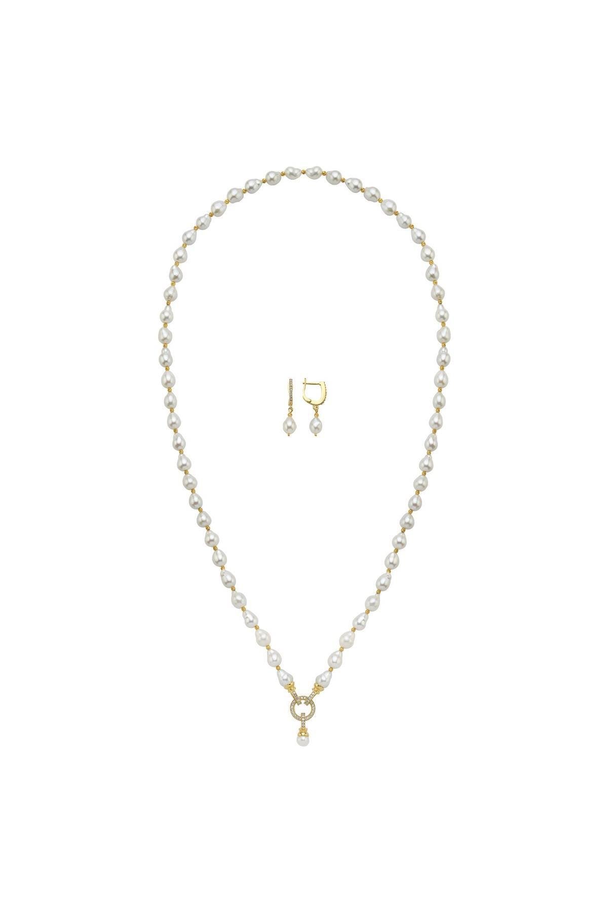 Zirkon Taşlı Halka Kilitli Doğal Damla İnci Küpe Kolye İkili Set