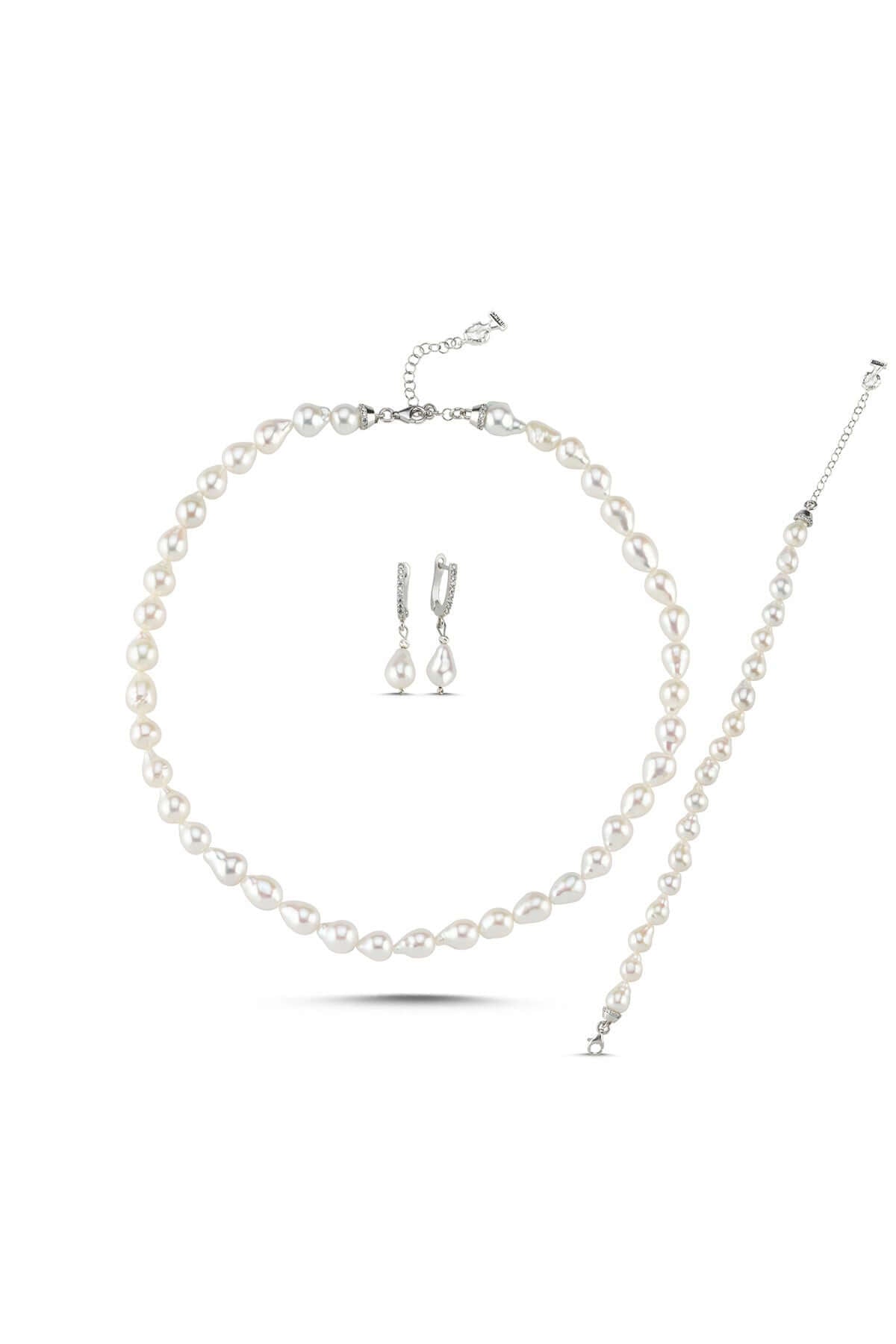 Sıralı Damla Doğal İnci Kolye Bileklik Küpe Üçlü Set