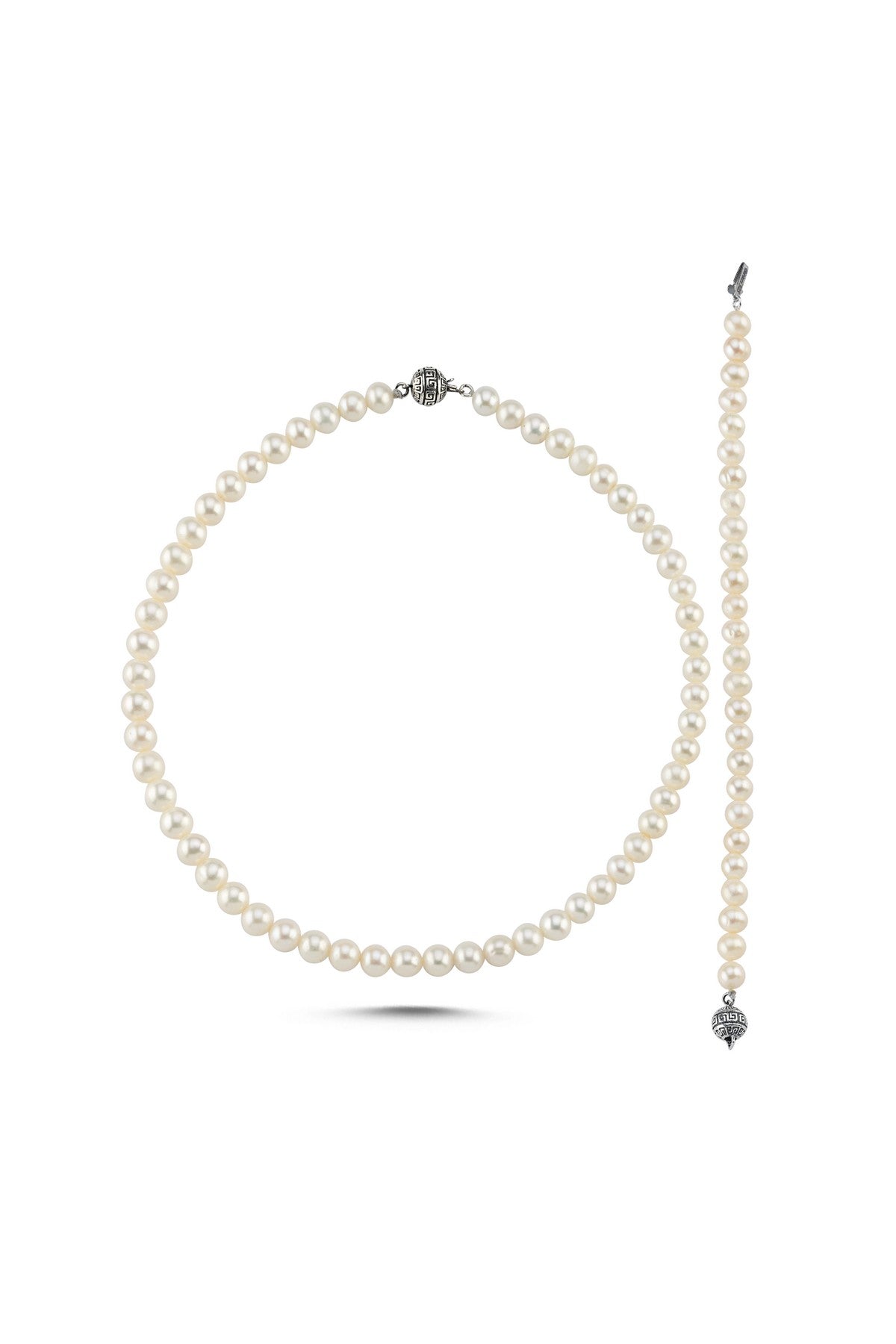 Beyaz Doğal İnci Erkek Kolye Bileklik Set