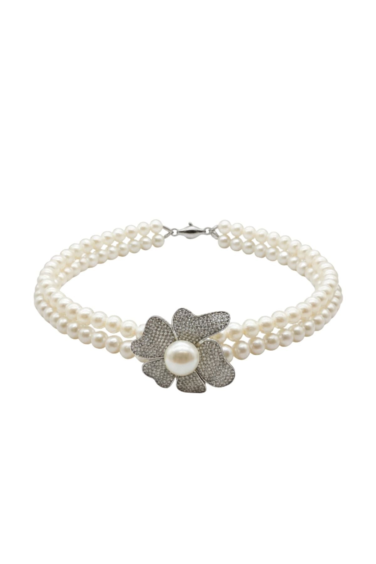 Çift Sıra Çiçek Tokalı İnci Kolye